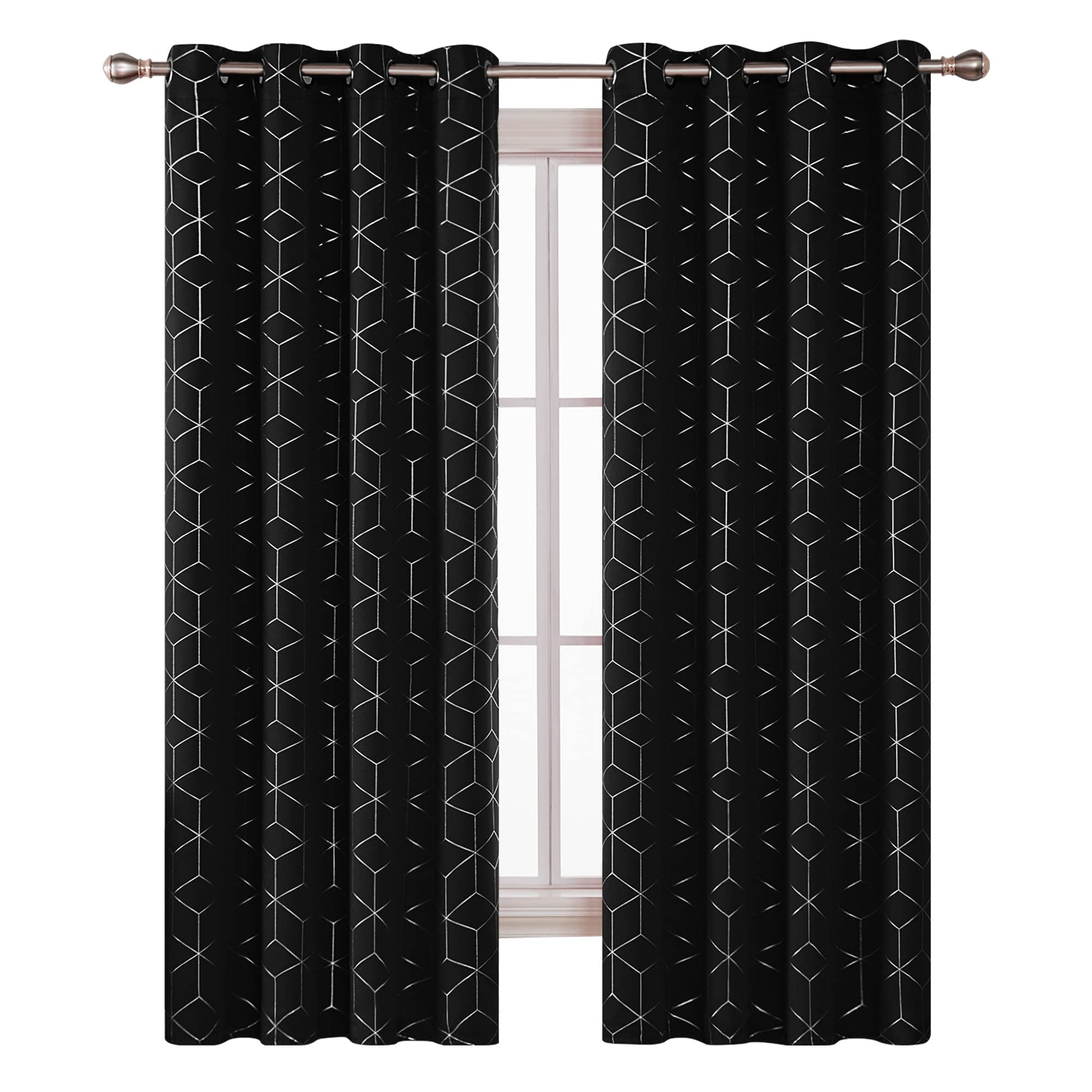 Deconovo - Lote de 2 Cortinas, Opacas, con Ojales, aislantes, térmicas, antifrío, con patrón geométrico Estampado, 140 x 183 cm, Negras Global Recycled Standard OEKO-TEX STANDARD 100 Global Recycled Standard Global Recycled Standard