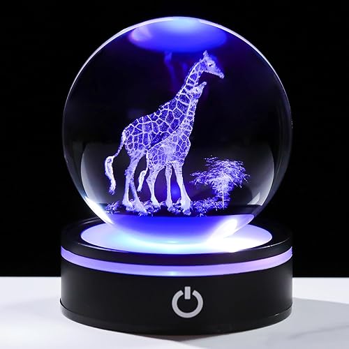 YWHL Figura de bola de cristal de jirafa 3D con base de luz colorida, regalos de jirafa para mujeres, hombres y niñas en cumpleaños, estatua de