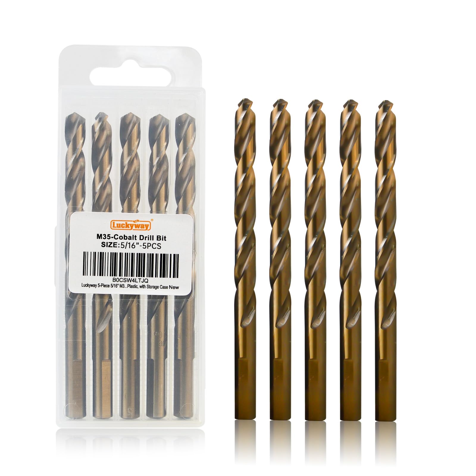 Luckyway 5/16" Cobalt Drill Bit (5 Pcs), Jobber Length Twist Drill Bit Set for Hard Metal, Stainless Steel, Cast Iron, Wood and Plastic, with Storage Case