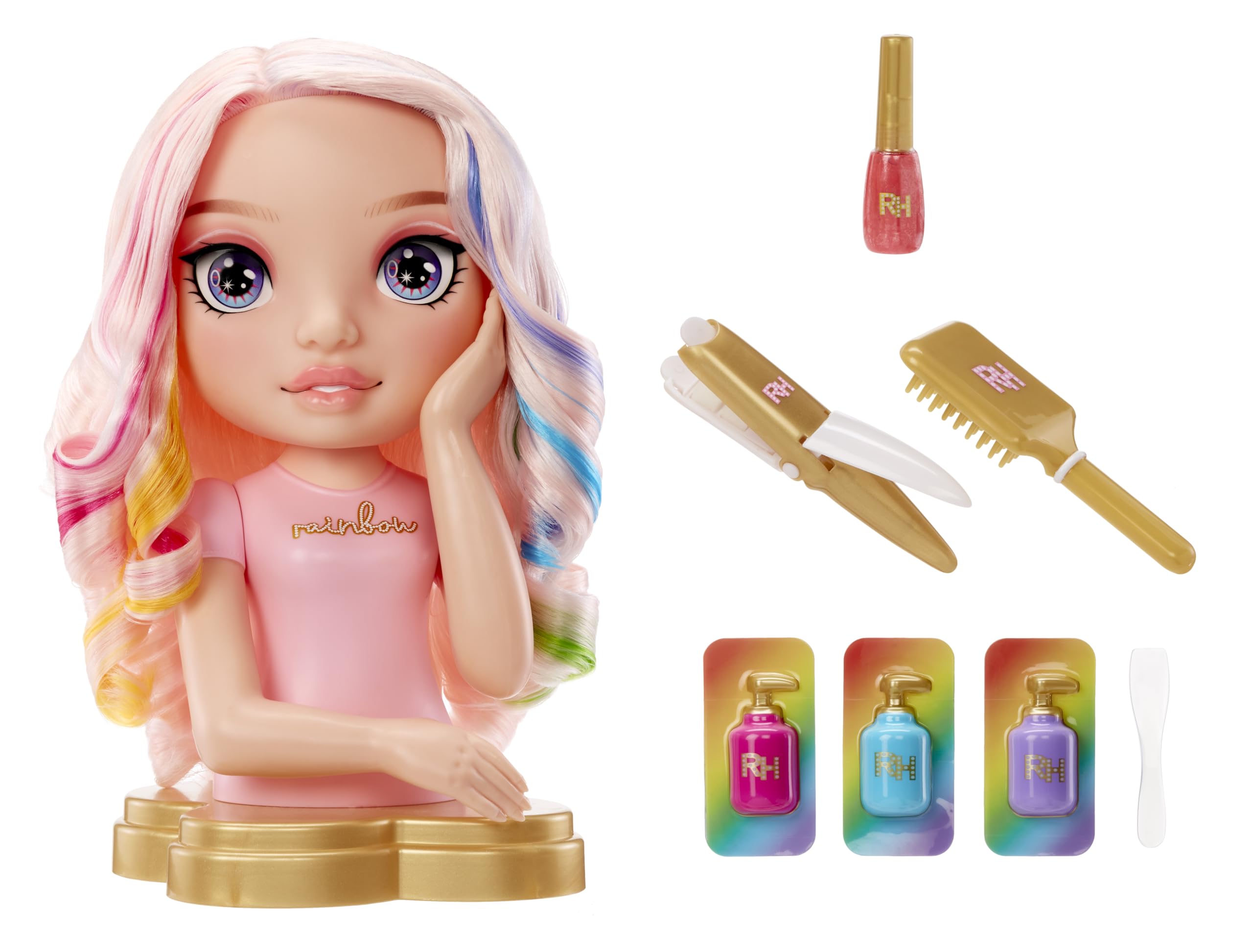 Rainbow High Styling Head - 33 cm Bella - 4-in-1 Playset with Washable Hair Creams, Nail Polish, Brush, & Hair Colouring Tool, Style, Colour, and Polish, Rinse & Repeat, For Kids 4-12 Years Old