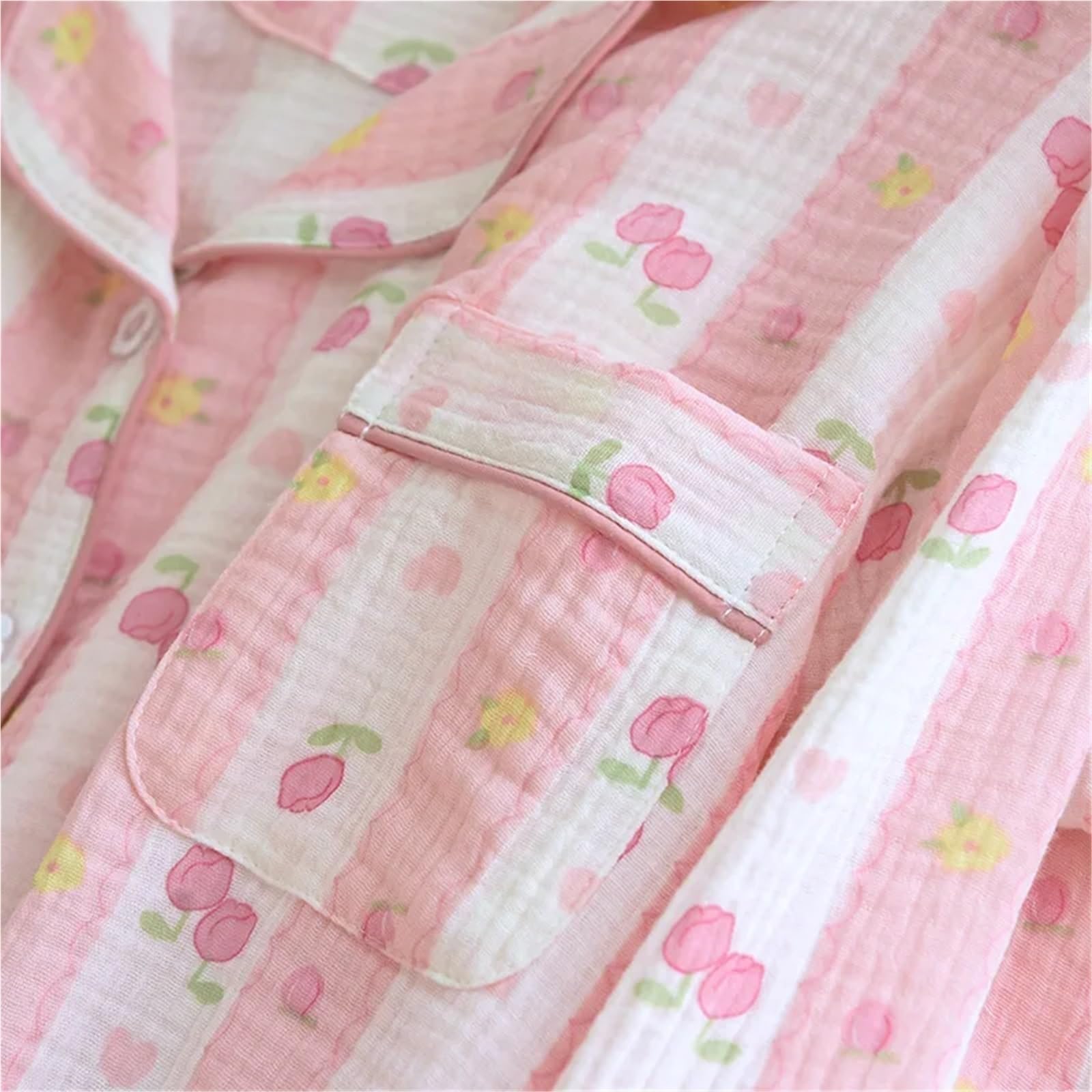 Pijamas para Mujer Pijamas Suaves a Rayas de Talla Grande, Pijama de algodón crepé, Conjunto de Ropa de Dormir Dulce, Ropa de casa de Manga Larga(M(40-50kg))