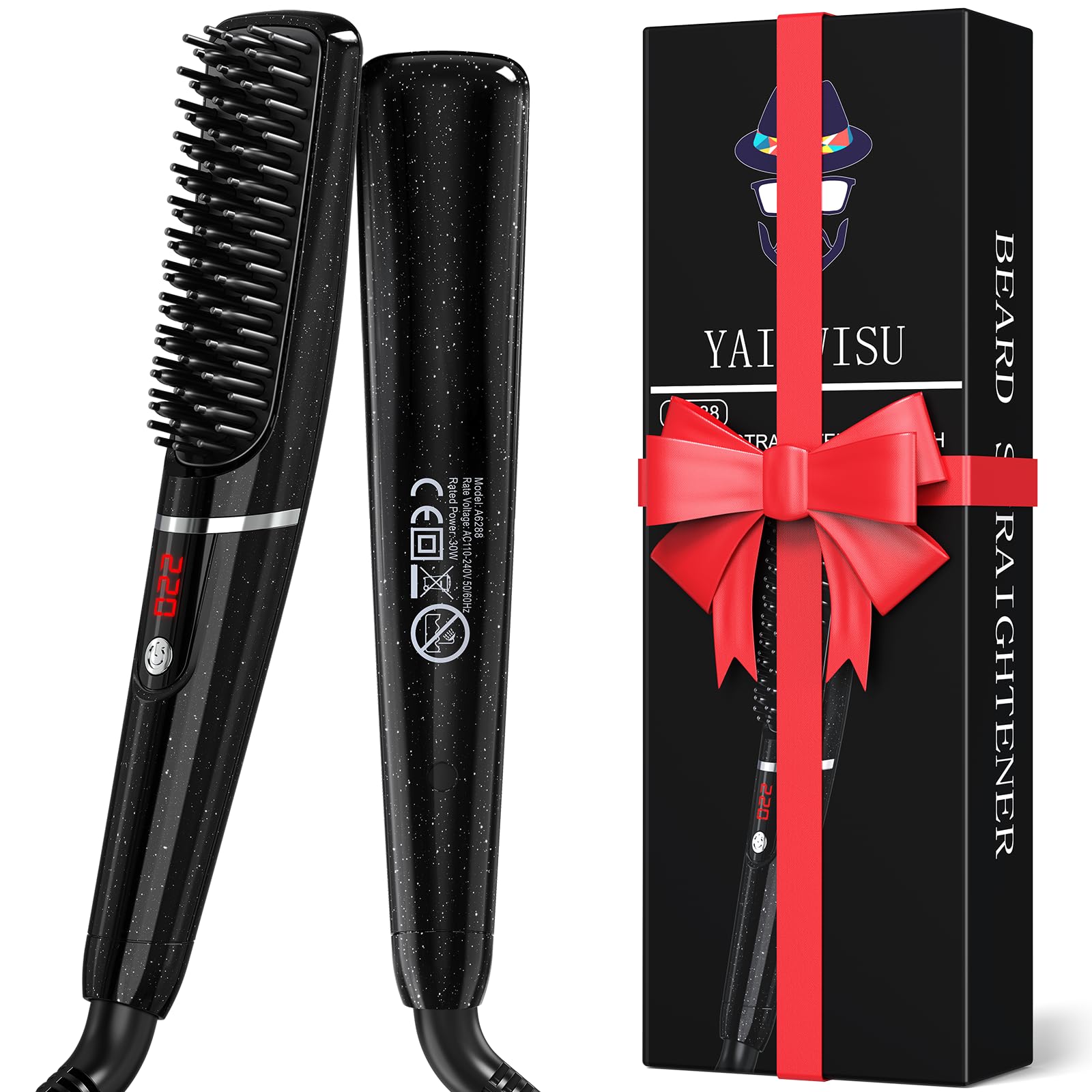 Peine Cepillo Alisador de Barba, YAIAWISU Mini Plancha de Barba, 6 Temperatura Regulable(120-220 °C), PTC 30 Segundos de Calentamiento Rápido, Cepillo Alisador Pelo Para Estilos de Barba Larga y Corta