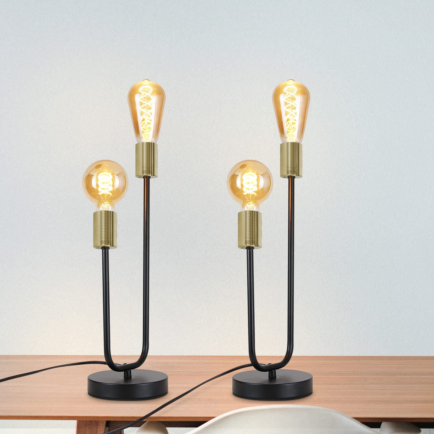 CBJKTX 2er Tischlampe Vintage Tischleuchte E27 - Retro Nachttischlampe in | Schwarz Gold mit 2 Flammig Industrial Schlafzimmer Nachtlicht aus Metall Schreibtischlampe mit Kabel für Wohnzimmer