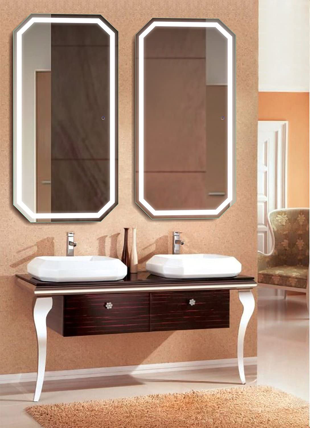 Krugg Octagon LED Bathroom Mirror 60 Inch X 30 Inch | Lighted Wall Mount Vanity Mirror Includes Defogger & Dimmer | Vertical or Horizontal Install