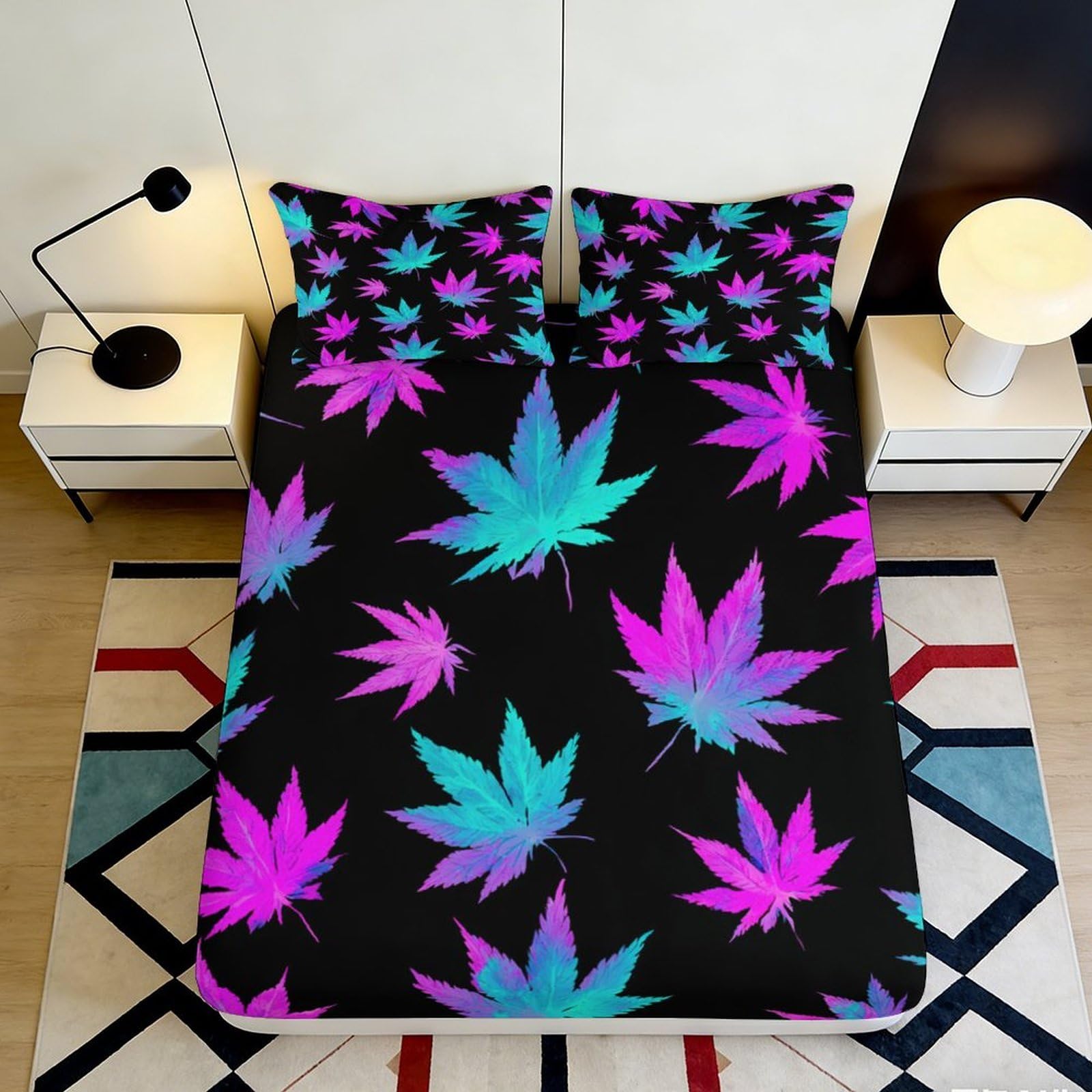 3D Printed Neon Cannabis Leaf Fitted Sheet Microfiber Soft Breathable Psychedelic Leaf Bed Cover for Bedroom Dormitory Guest Room Mattress Protection 90x200x25cm