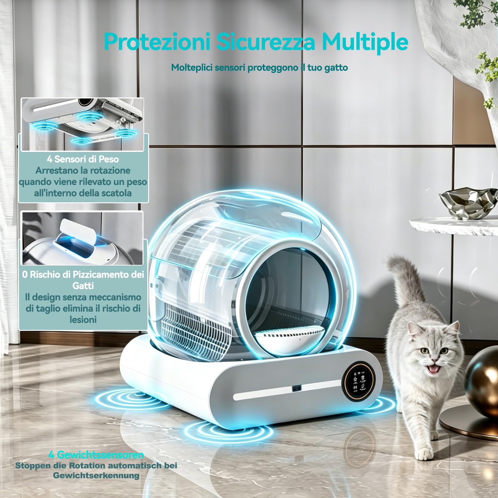 Lettiere Autopulenti Gatti 74L con 2 Filtri e 6 Rotoli Sacchetti | Deodorante Ionico, Smart Health Monitor, Comando APP con tappetino Adatte Alle Famiglie con Più Gatti
