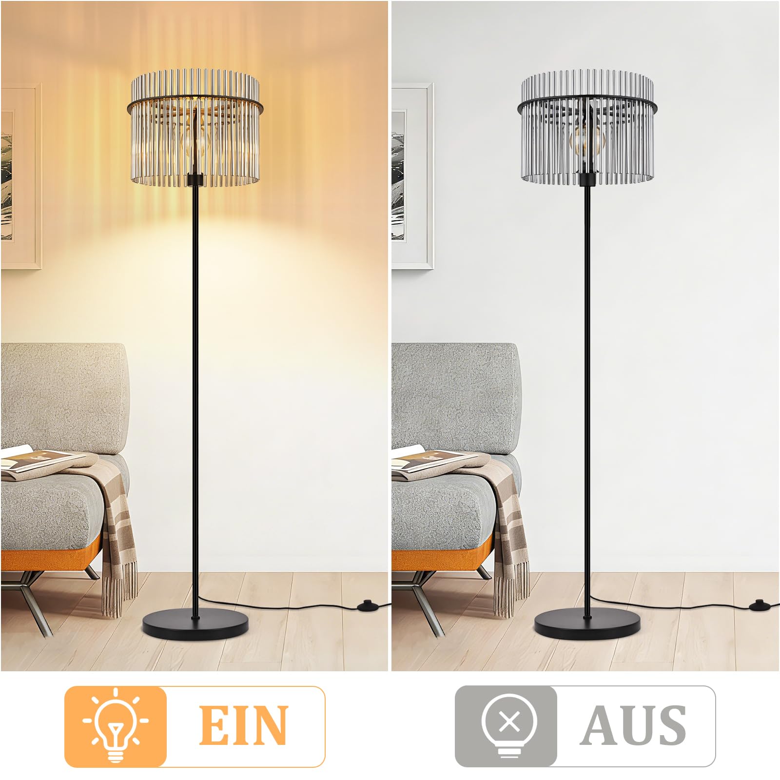 Stehlampe Schwarz Stehleuchte Glas Standleuchte Wohnzimmer E27 | mit Fußtaster Leselampe Modern Wohnzimmerlampe Stehend für Schlafzimmer Kinderzimmer Büros(Ohne Leuchtmittel)