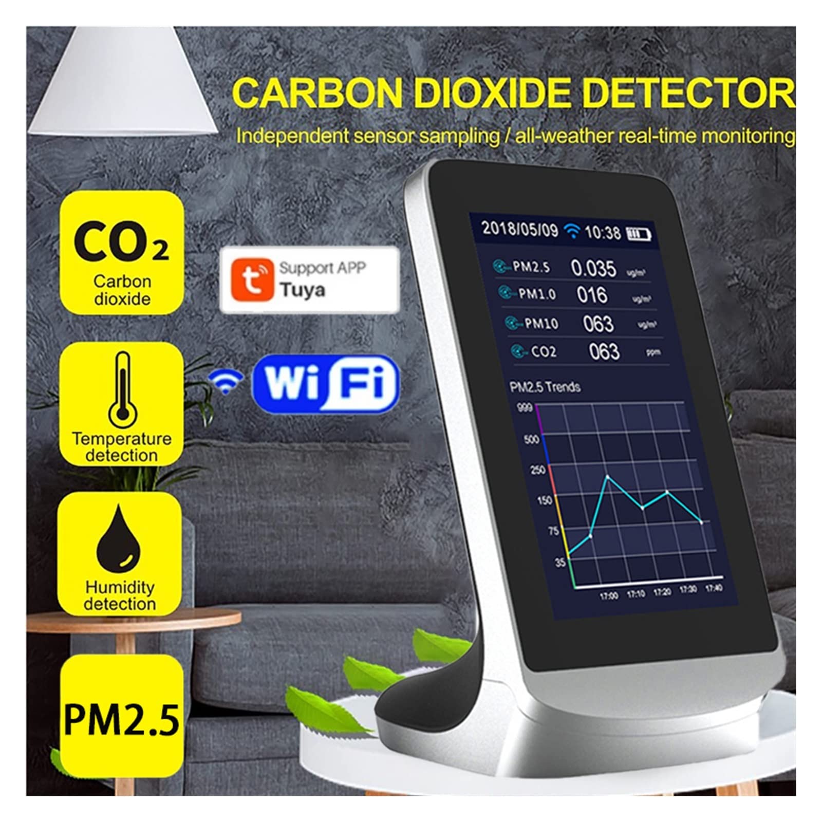 Detektor gazu, detektor wycieku gazu, CO2 kryty wielofunkcyjny detektor powietrza TVOC Monitor jakości gazu Co2 miernik dwutlenku węgla USB analizator miernik do domu, kampera(DM72 Without WIFI)
