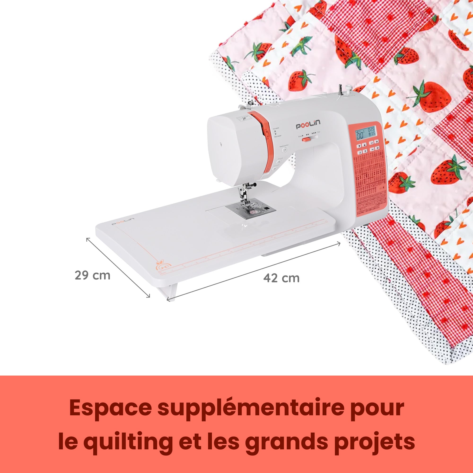 Poolin EOC02 Machine à Coudre Informatisée Complète, écran LCD, table large, boutonnières automatiques 1 étape, enfile-aiguille automatique, 7 pieds presseurs, portable et idéale débutants & confirmés