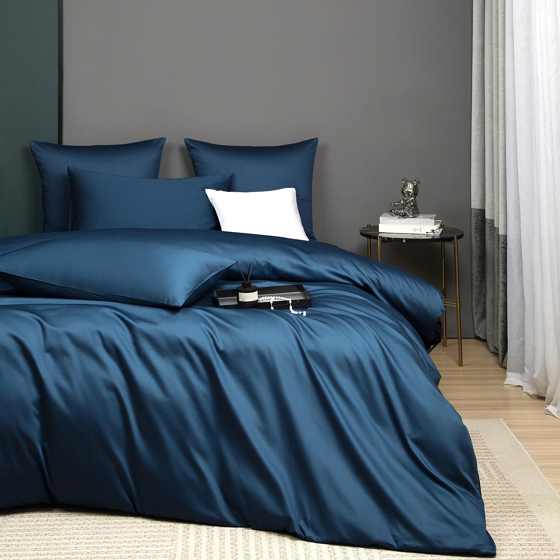 Luofanfei Mako Satin Baumwolle Bettwäsche 200x220 Petrol Kühlend Glatt Muster Atmungsaktiv Bettwäsche Set Weich und Bügelfrei Uni Bettbezug und 2 Kissenbezüge 80x80 cm