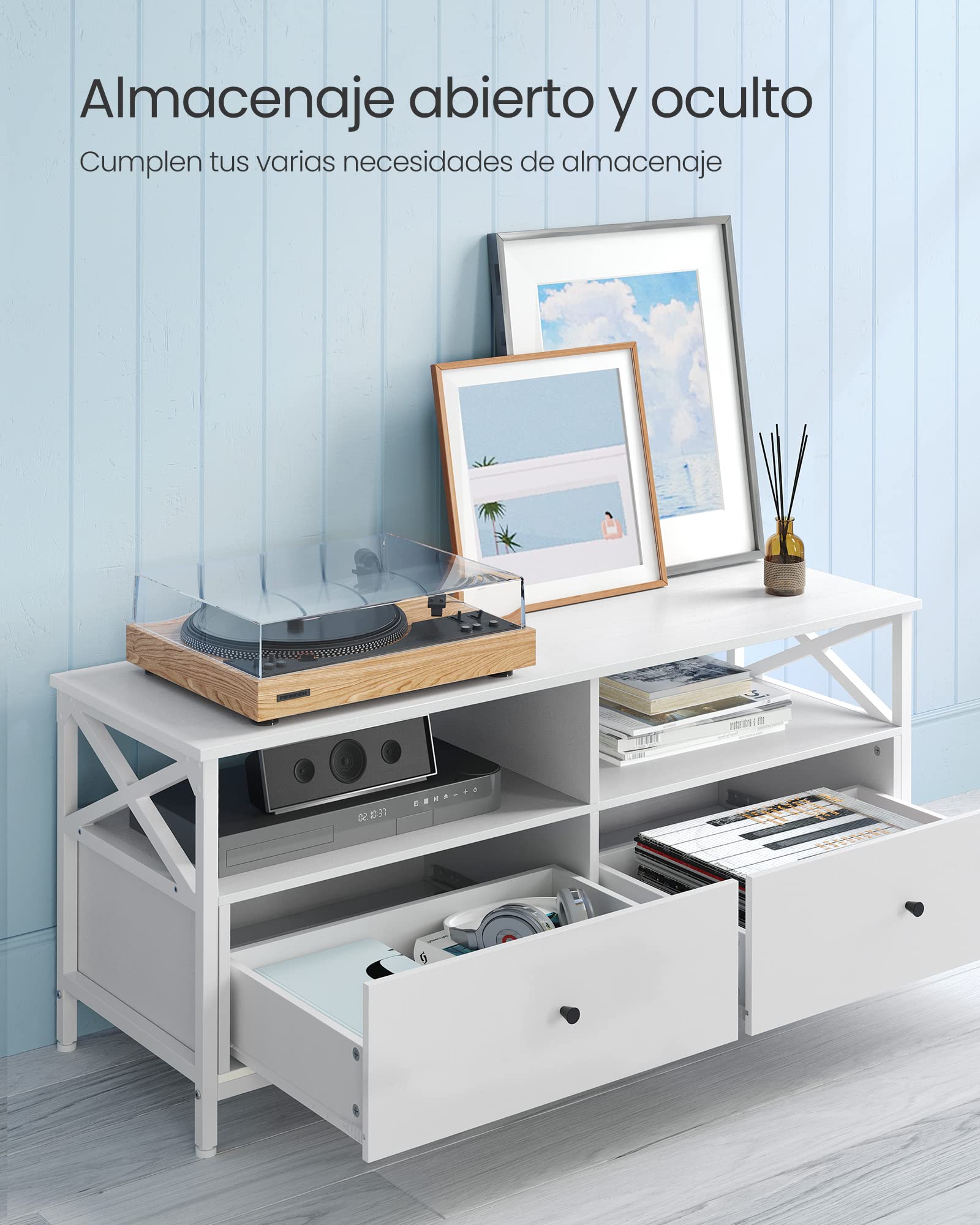 VASAGLE Mueble de TV, Mesa de TV de hasta 55 Pulgadas, con 2 Cajones y 2 Compartimentos Abiertos, 120 x 40 x 50 cm, para Salón, Dormitorio, Marco de Acero, Blanco LTV300B46