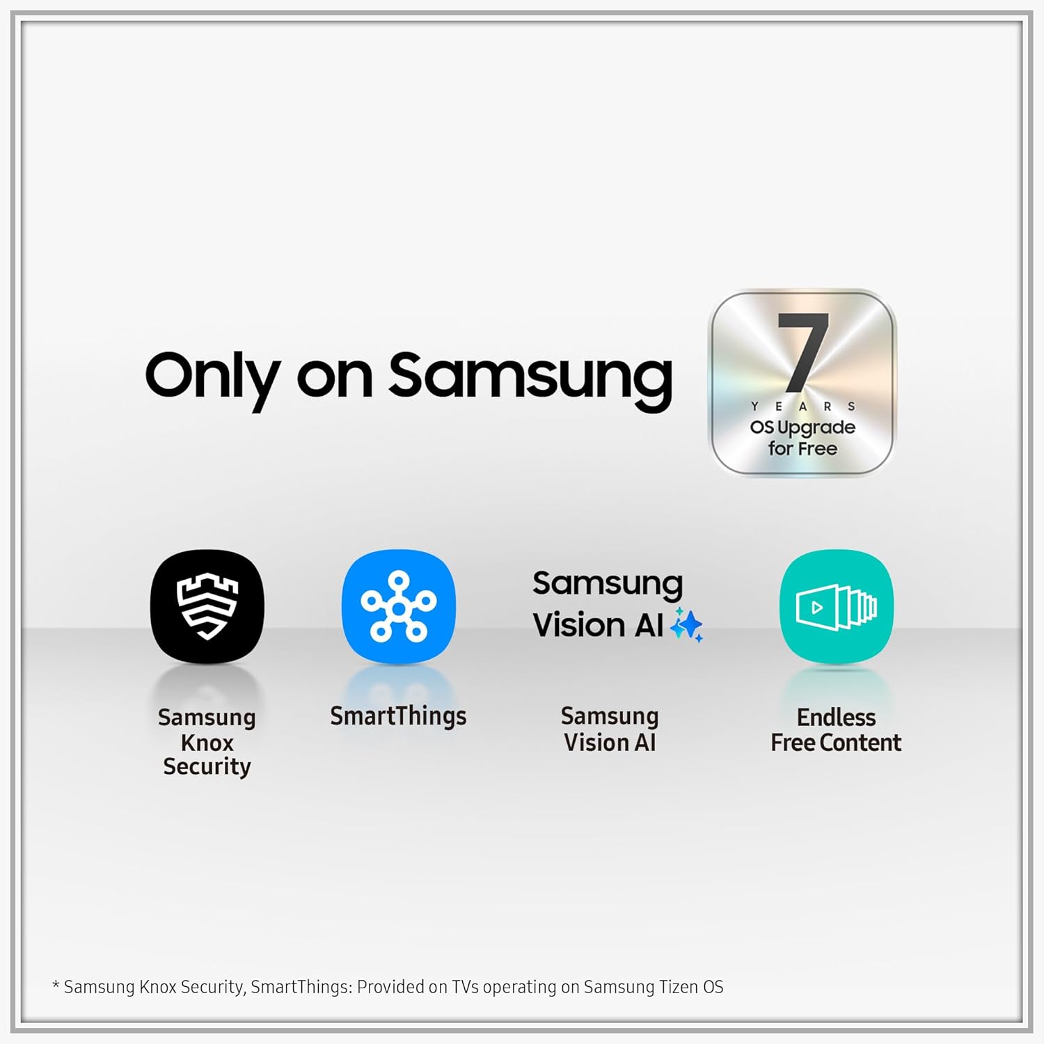 Graphic indicating 'Only on Samsung' with icons for Samsung Knox Security, SmartThings, Samsung Vision AI, Endless Free Content, and a badge for '7 Years OS Upgrade for Free'.