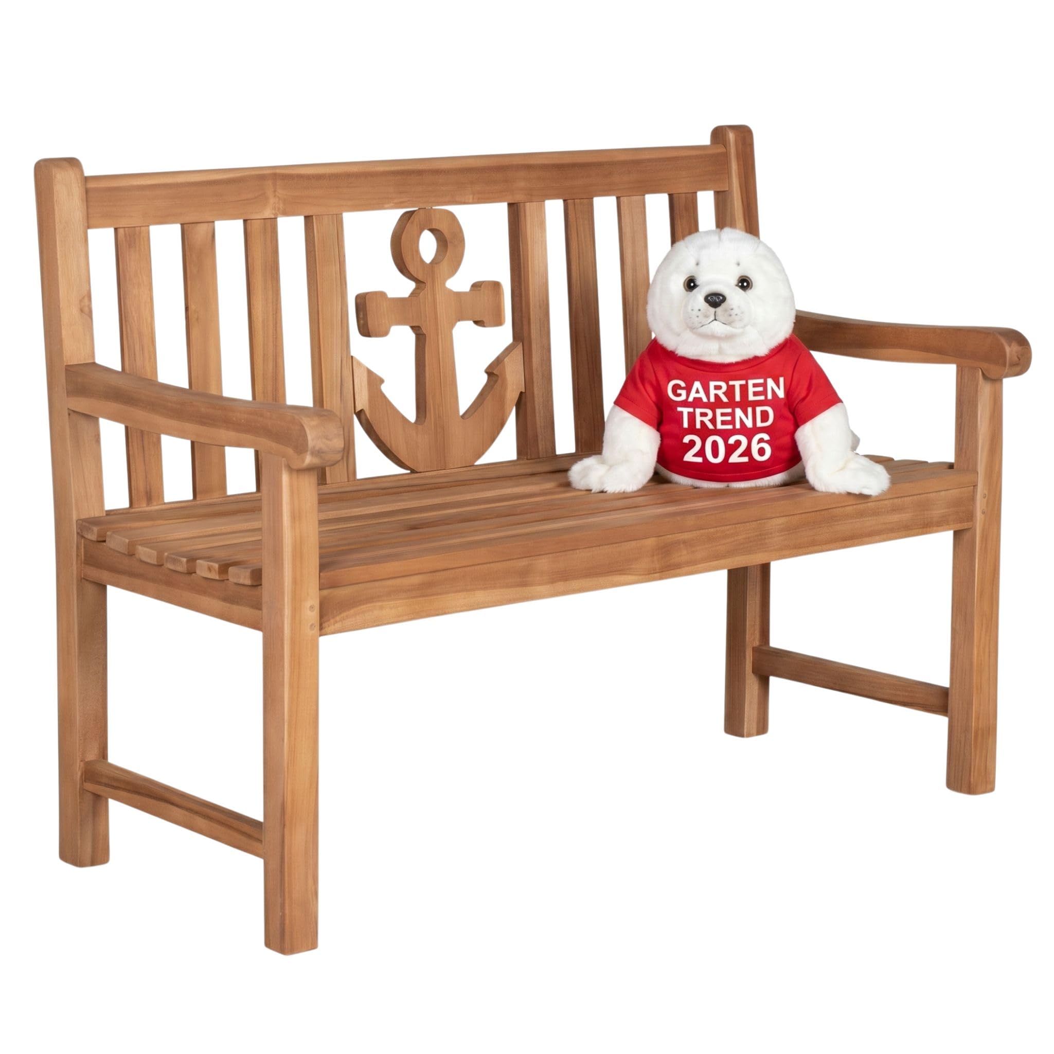 MR. DEKO Gartenbank Anker Teak Holz 120 cm | Gartenbank-Wetterfest 2-Sitzer | Holzbank Massivholz | Sitzbank Balkon Teakholz | Outdoor Bank Garten | Bänke Terrassenbank Robust | Sitzbank Outdoor