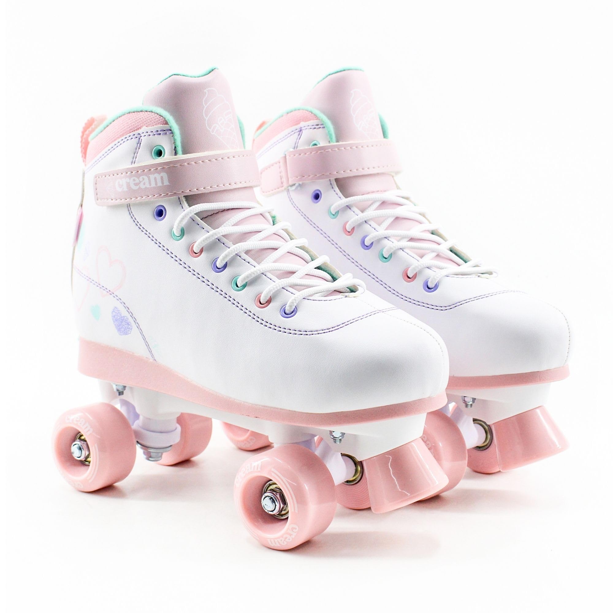 CREAM Scoop Kids Adjustable Quad Roller Skates for Beginners – 4-Size Grow-With-You Fit for Extended Use – Stable 4-Wheel Design for Improved Balance – Boys and Girls (Hearts - White/Pink)