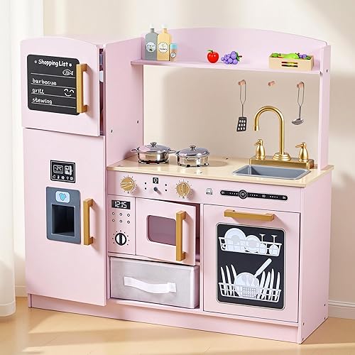 Juego de cocina para niños, juego de cocina de madera para niños con luces y sonidos reales, cocina de juguete interactiva con cajas de fieltro para