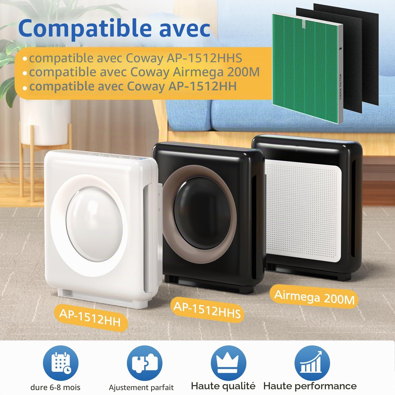 Filtre de rechange compatible avec le purificateur d'air COWAY AP-1512HH Mighty/AP-1512HHS / AP-1518R Airmega200M, filtre de rechange pour grande pièce