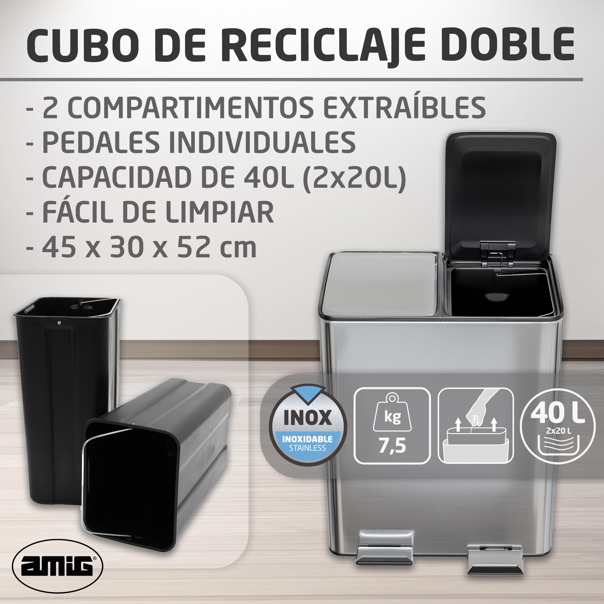 Amig - Cubo de Reciclaje Doble con Pedales Mod. RECIK EVO 40 L - 2 Compartimentos x 20 L - Acero inoxidable - 45 x 30 x 52 cm - Plateado