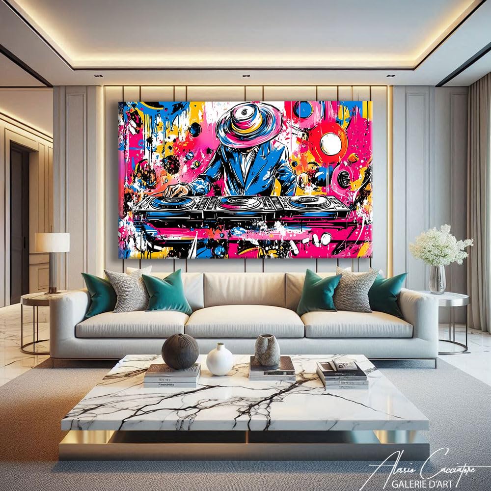 Alessio Cacciatore Quadro Street Art Pop Culture - Decorazione da parete per soggiorno, musica, tela Dj - Quadro Pop Art con cornice Xxl - decorazione da parete per camera da letto - idea regalo Dj
