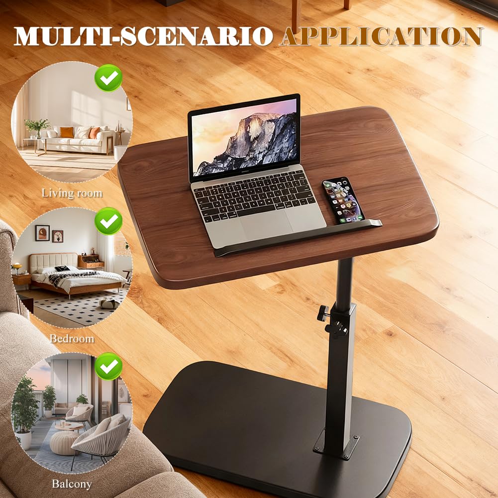 Tavolino girevole a 360°, a forma di C, regolabile in altezza, tavolino da caffè con struttura in metallo, salvaspazio per piccoli spazi, con supporto per smartphone e tablet (marrone noce)