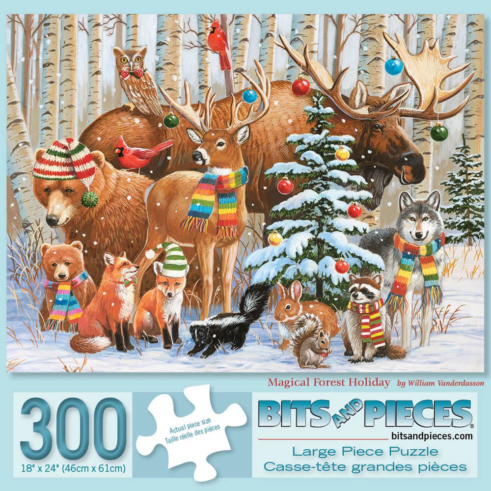 Bits and Pieces300 Piece Jigsaw Puzzle for Adults 18" x 24" - Magical Forest Holiday - 300 pc Animals Christmas Celebration Jigsaw by Artist William Vanderdasson
