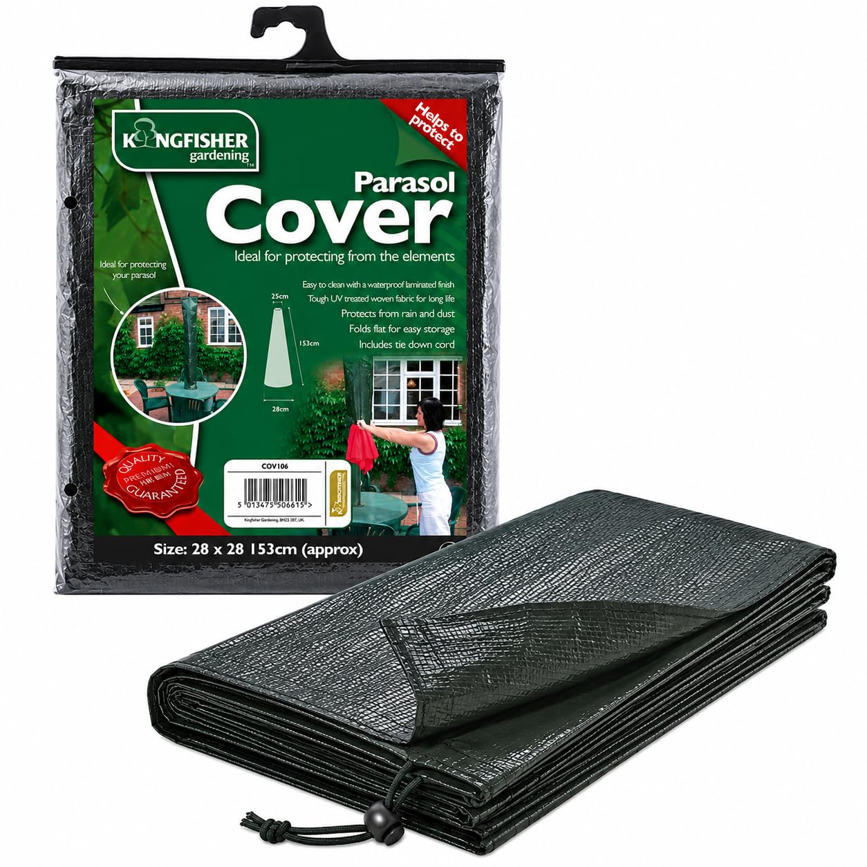 Kingfisher Parasol Cover 153cm – Heavy Duty Waterproof Patio Parasol Cover with Secure Tie Cord – Ideal for Garden, Decking, Balcony & Outdoor Seating Areas