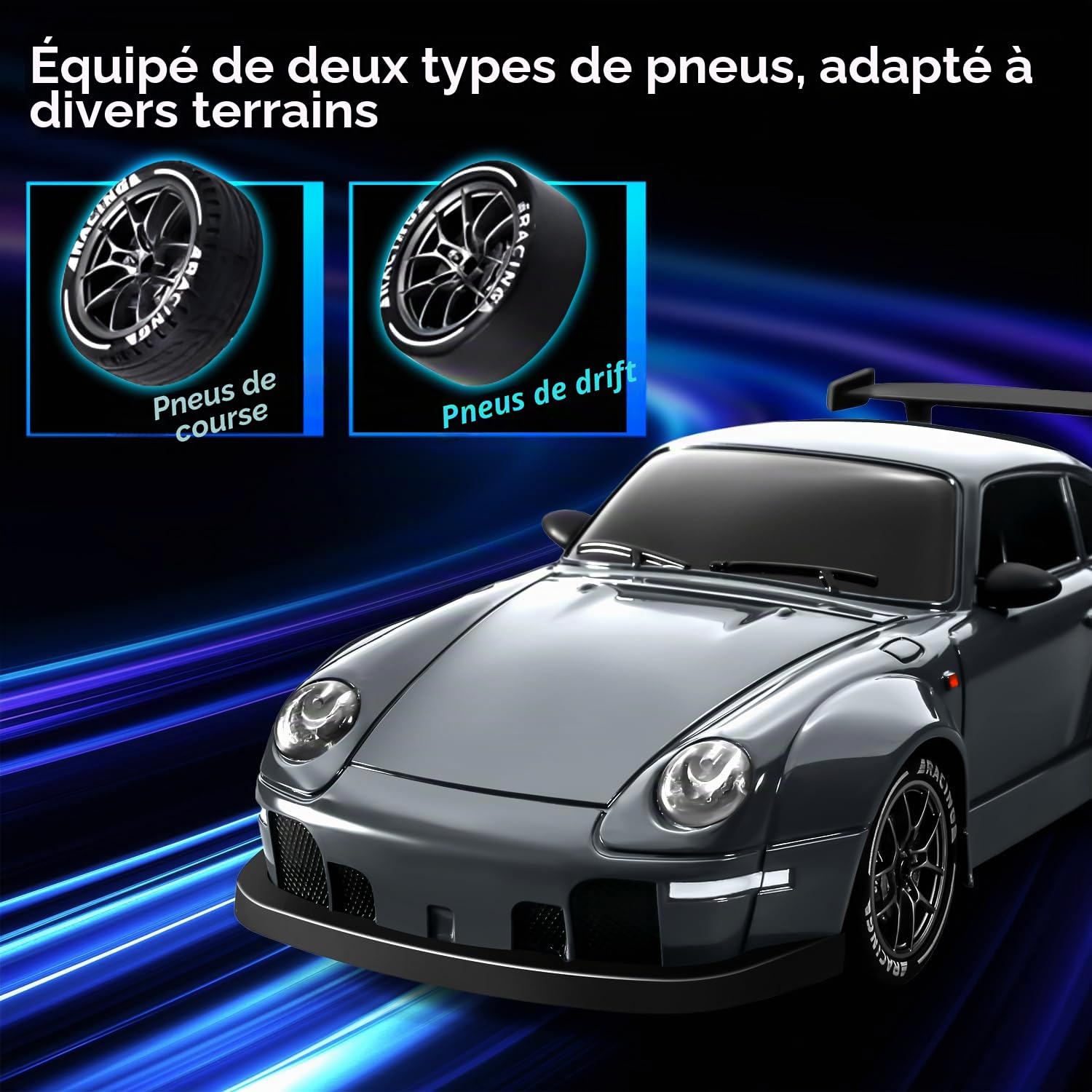 Voiture Télécommandée Drift pour Enfant, 1:24 25KM/H 4WD Voiture Télécommandée RC Drift Car pour Adulte Débutant, Gris