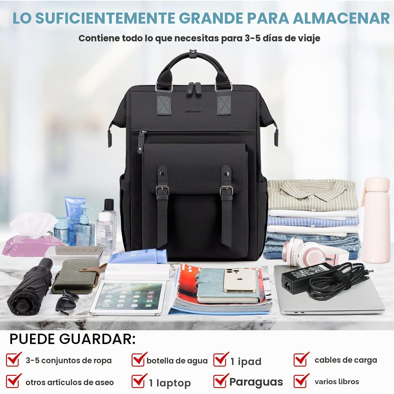 LOVEVOOK Mochila grande para mujer de 18 pulgadas con bolsa de cable | de datos y puerto de carga USB, impermeable, para oficina, negocios, viajes, color negro