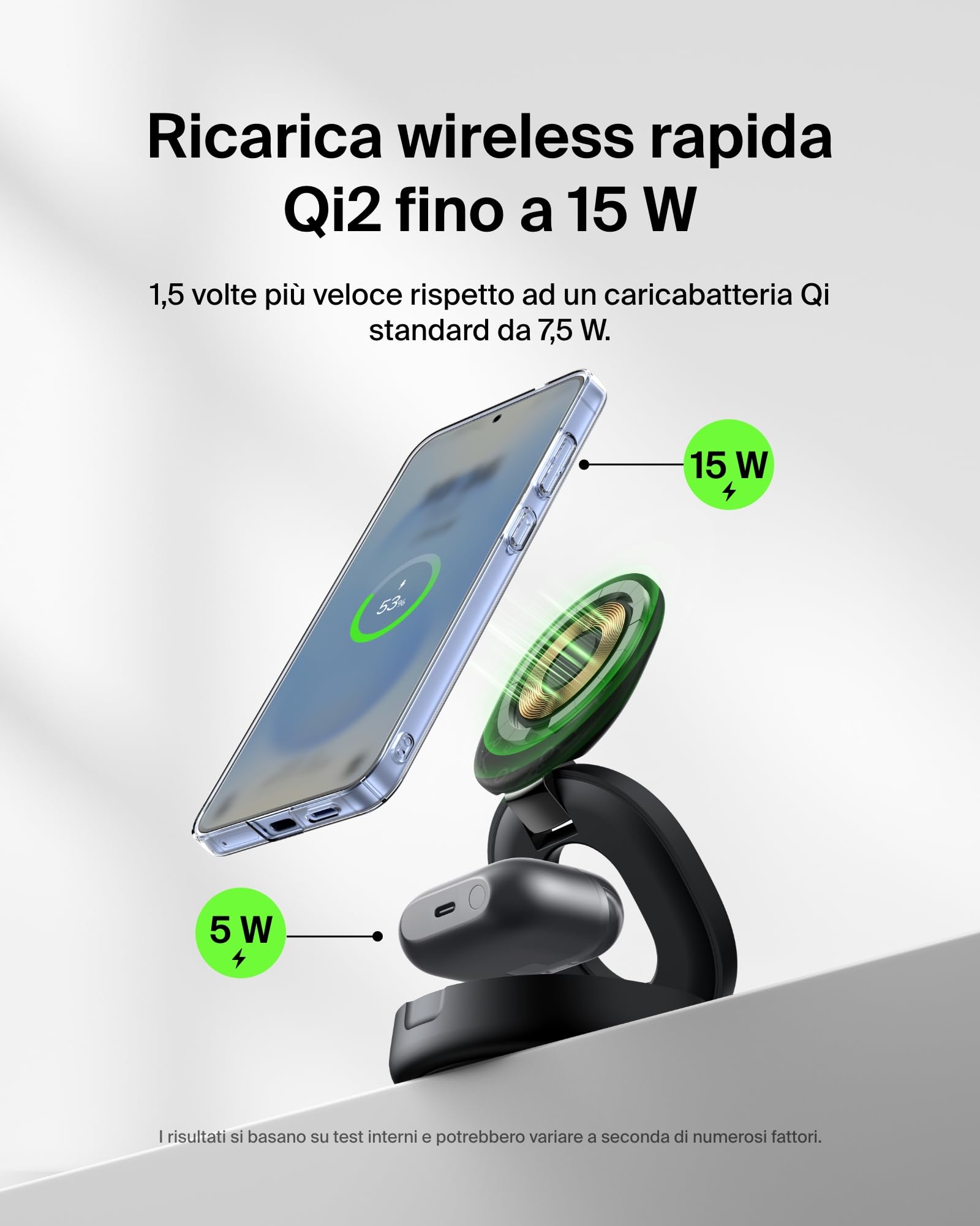 Belkin 2 in 1 Caricatore Wireless, Stazione di Ricarica Wireless 15 W, Caricatore Qi2 con MagSafe per iPhone 16 e AirPods, base piena antiscivolo, alimentatore da 30W - Nero