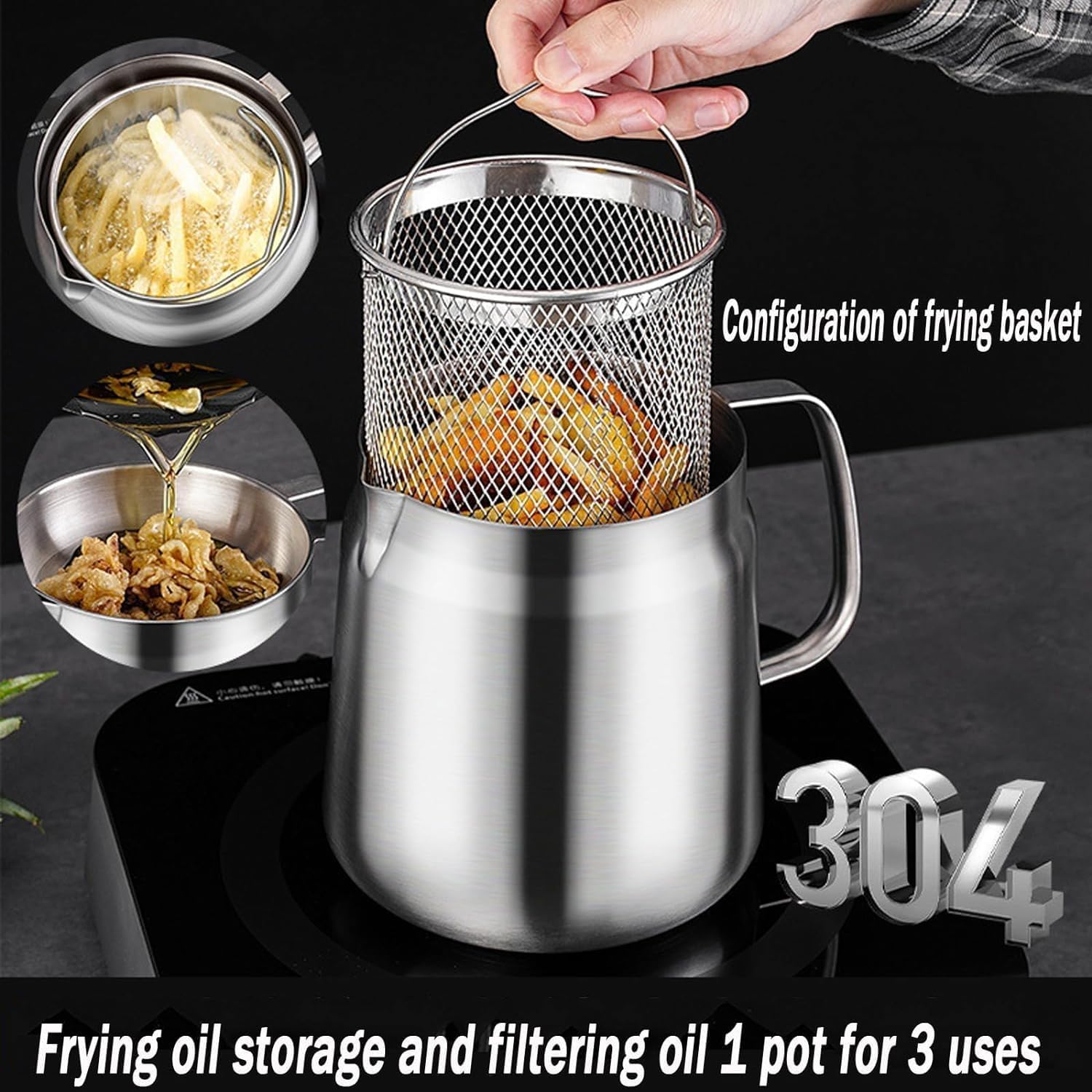Stainless Steel Fryer,304 Stainless Steel Large Capacity Multifunctional Oil Filter Tank, Kitchen Fryer with Filter, Perfect for Cooking French Fries in the Kitchen (1.5L), silver, FS646
