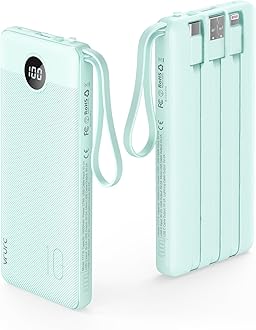 VRURC Portable Charger with Built-in Cables, 10000mAh LED Display USB C Power Bank, 5 Output 2 Input Travel Phone Charger, Slim External Battery Compatible with iPhone,Samsung,Android etc-Green