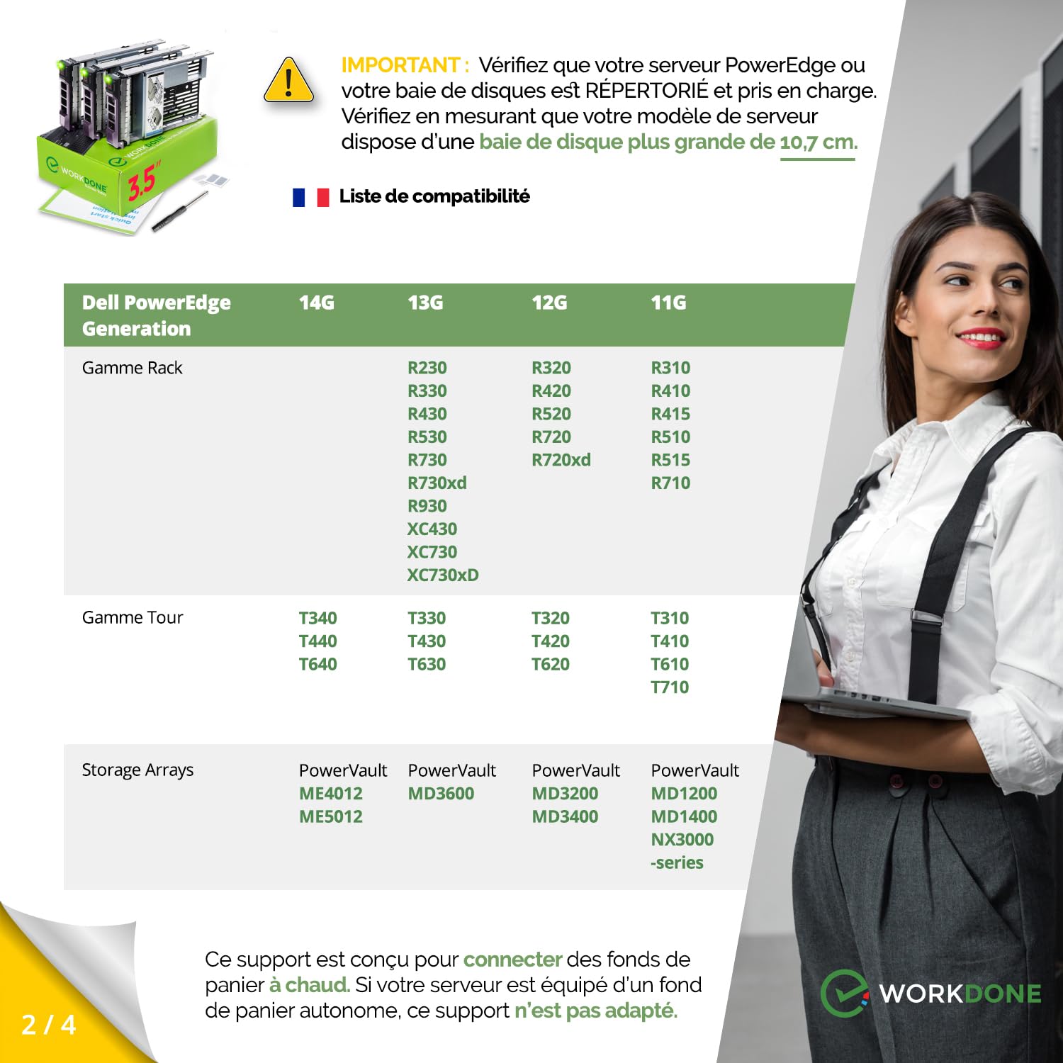 WORKDONE Pack 3u.-Plateau Caddy HDD 3.5" et Adaptateur 2.5" - Compatibles avec Les serveurs Dell PowerEdge 11-13ème - Manuel - Autocollants Partie Avant - Tournevis