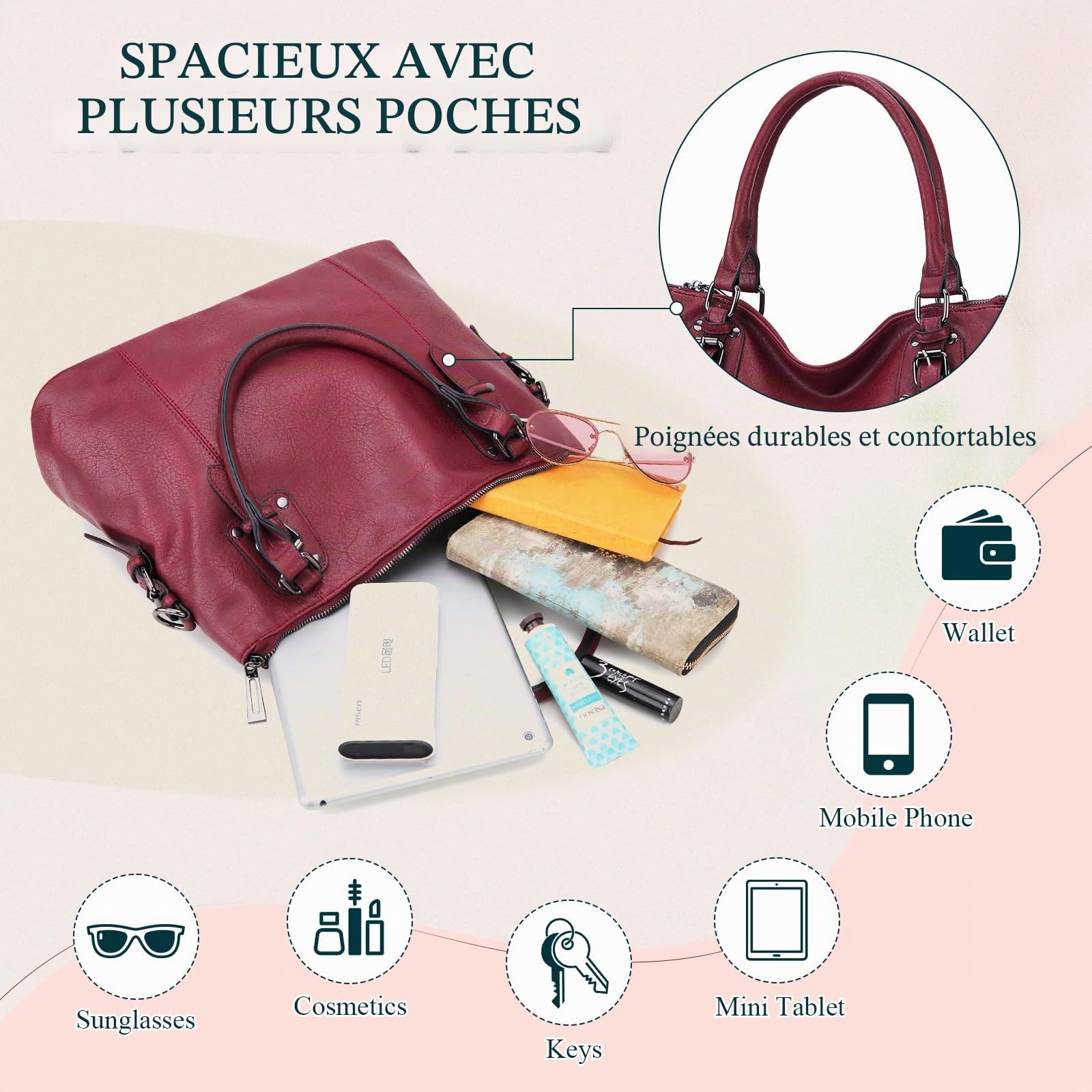 Sac à Main Femme en Cuir PU Sac Bandoulière Femme Hobo Cabas Fourre Tout Vintage, Grand Capacité Sangle Réglable pour Travail, Shopping, Voyage