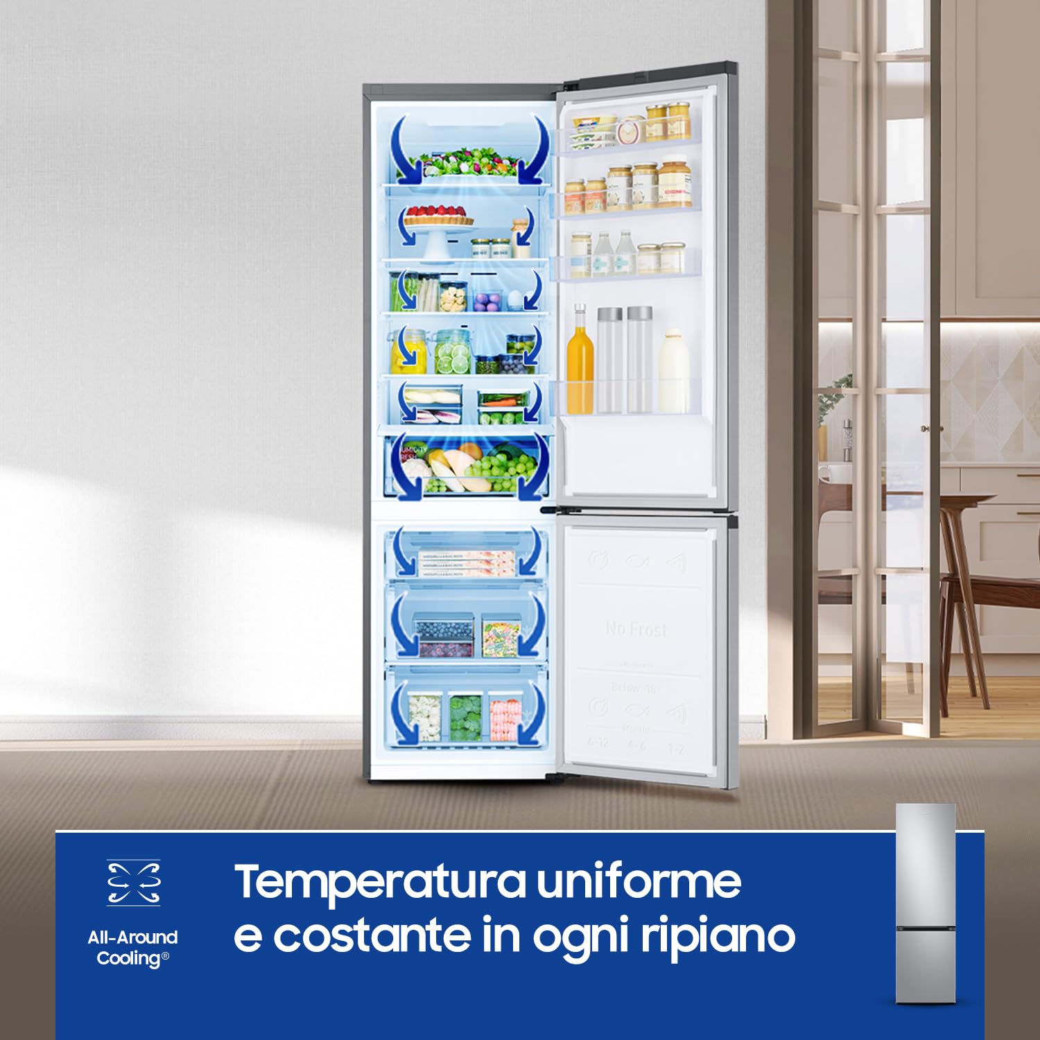 Samsung EcoFlex AI Frigorifero Combinato RB38C600DSA/EF, Wifi, All-Around Cooling, Space Max, Total No Frost, 390 L, LxAxP: 59,5 x 203 x 65,8 cm, Silver Inox