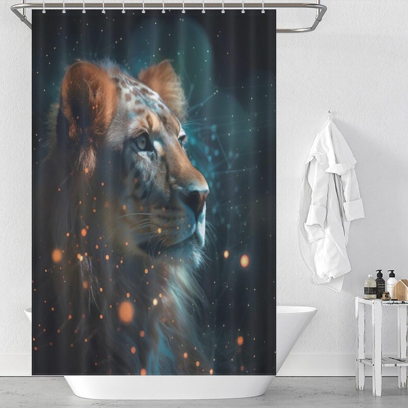 Rideau de douche lion imperméable en tissu pour éviter l'eau sur le sol de la douche