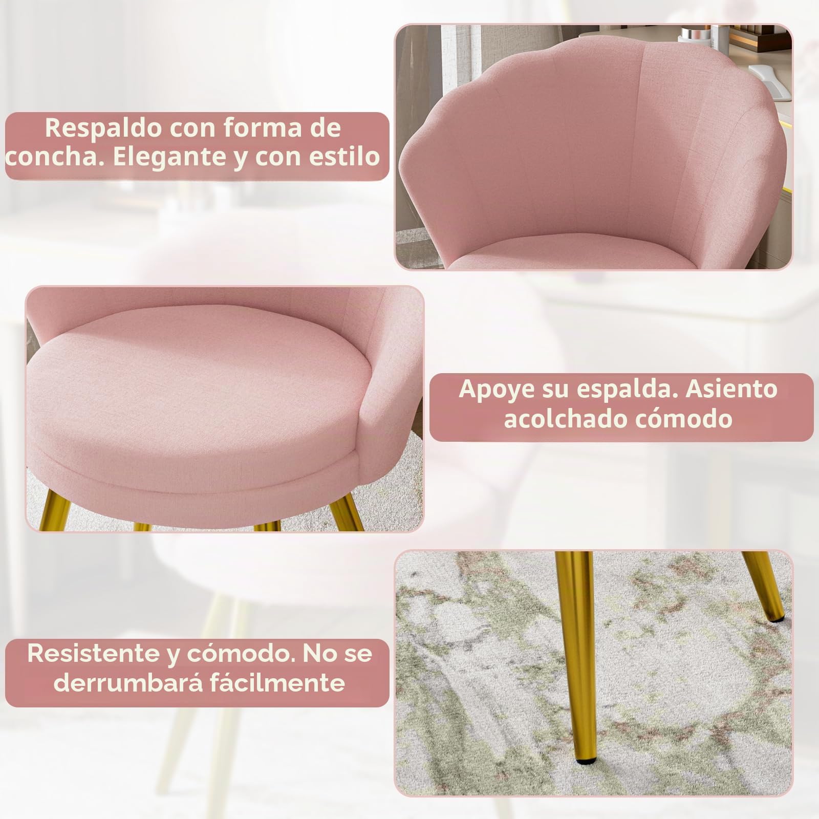 Silla de Terciopelo Rosa con Patas de Metal para Salón, Oficina y Comedor
