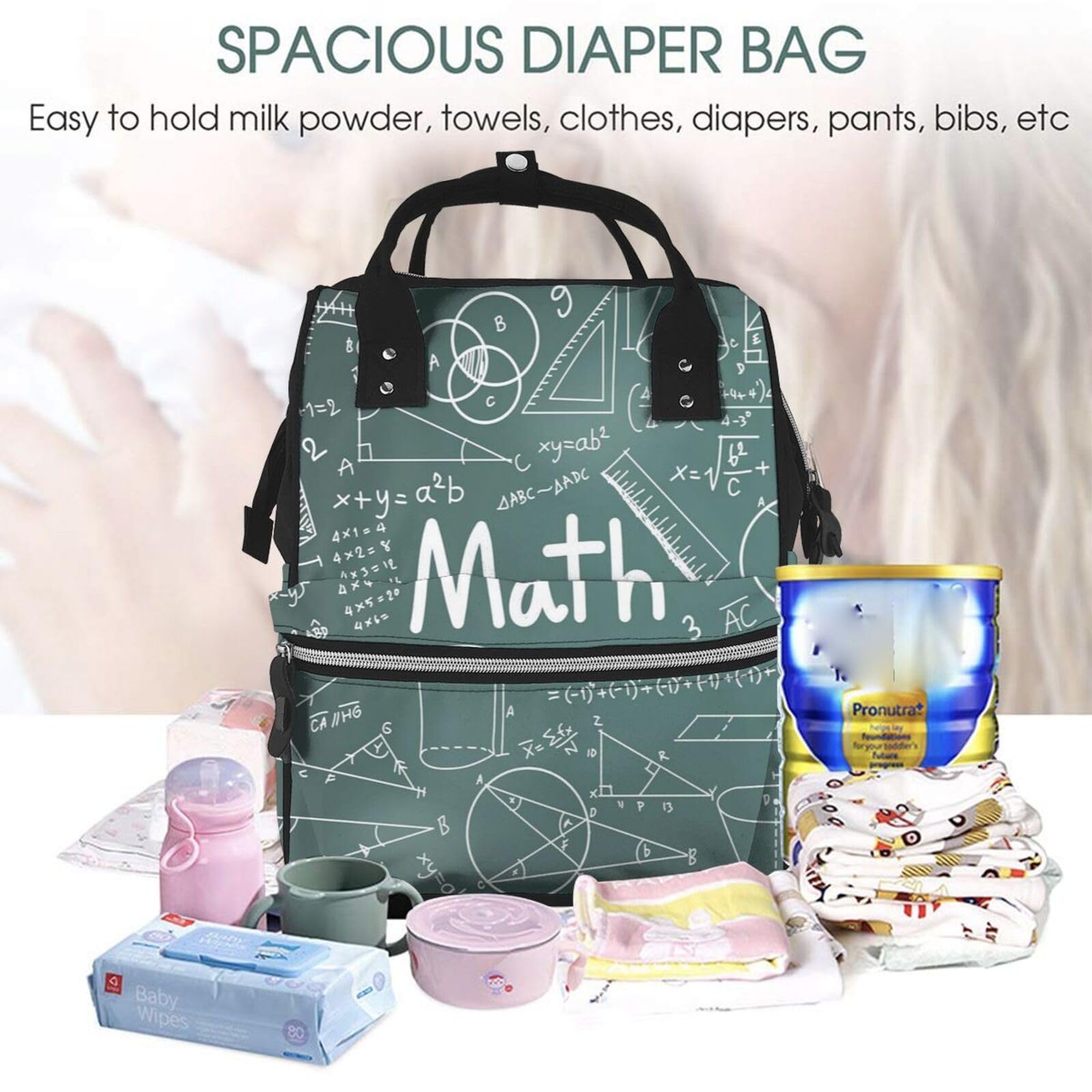 Zaino della mummia dei biscotti del chip, borsa del pannolino, zaino multifunzionale di viaggio di modo per la donna, Parola lezione di matematica, Etichettalia unica