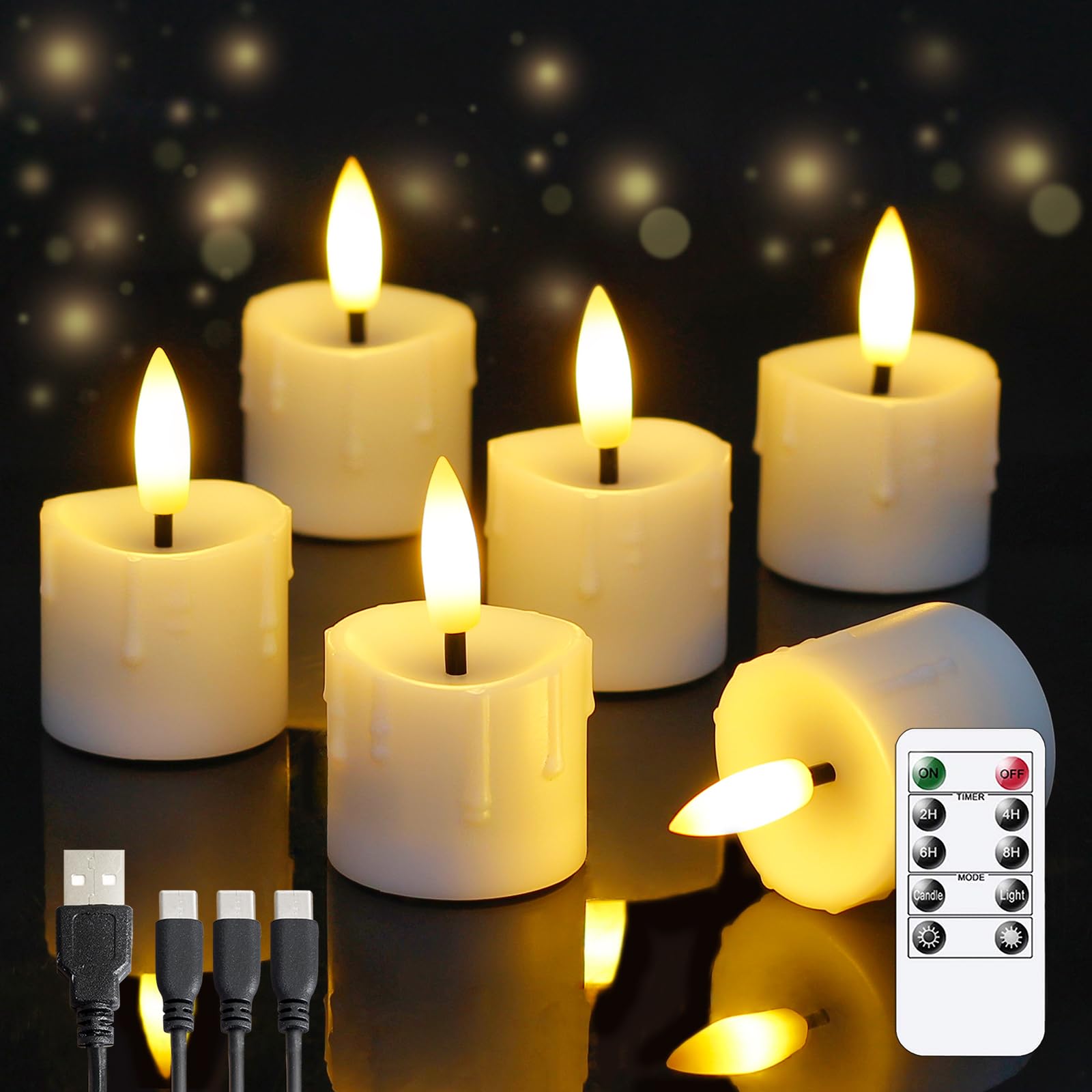 Yeelida Rechargeable Flameless 4cm x6.5cm Tea Light LED Candles with Remote & Type-C Charging Cable