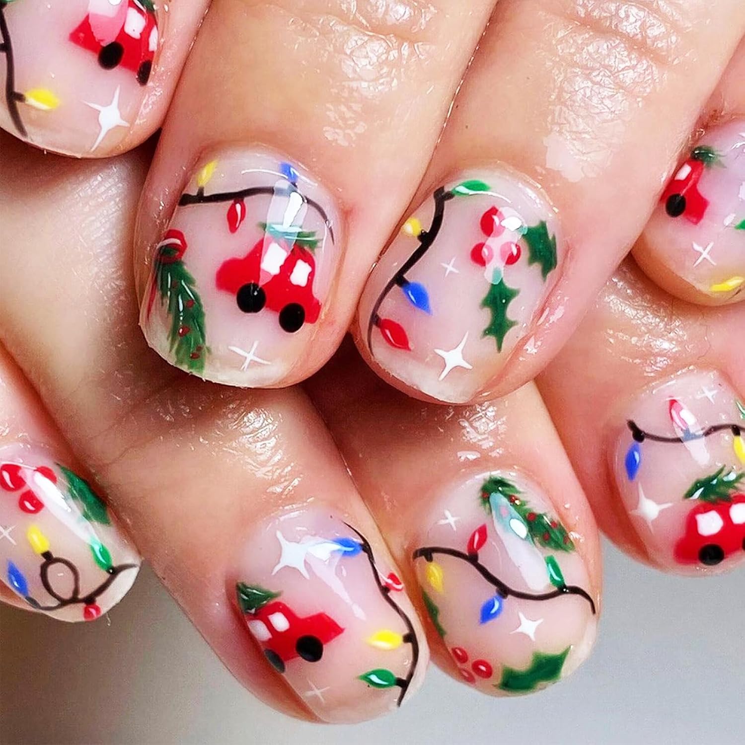 24Pcs Glossy Rainbow Acrylic Christmas Nails