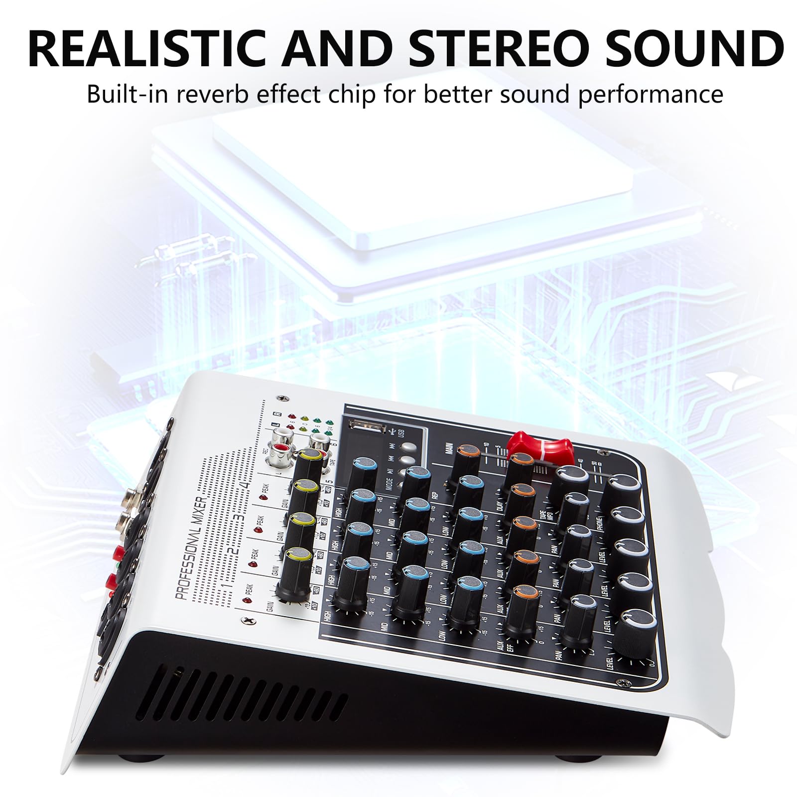 Audio Mixer 6 Kanal DJ Mischpult, Soundboard Konsole mit USB MP3 Bluetooth Eingang 48V Phantomspeisung für Live Performance Heimbühne Karaoke