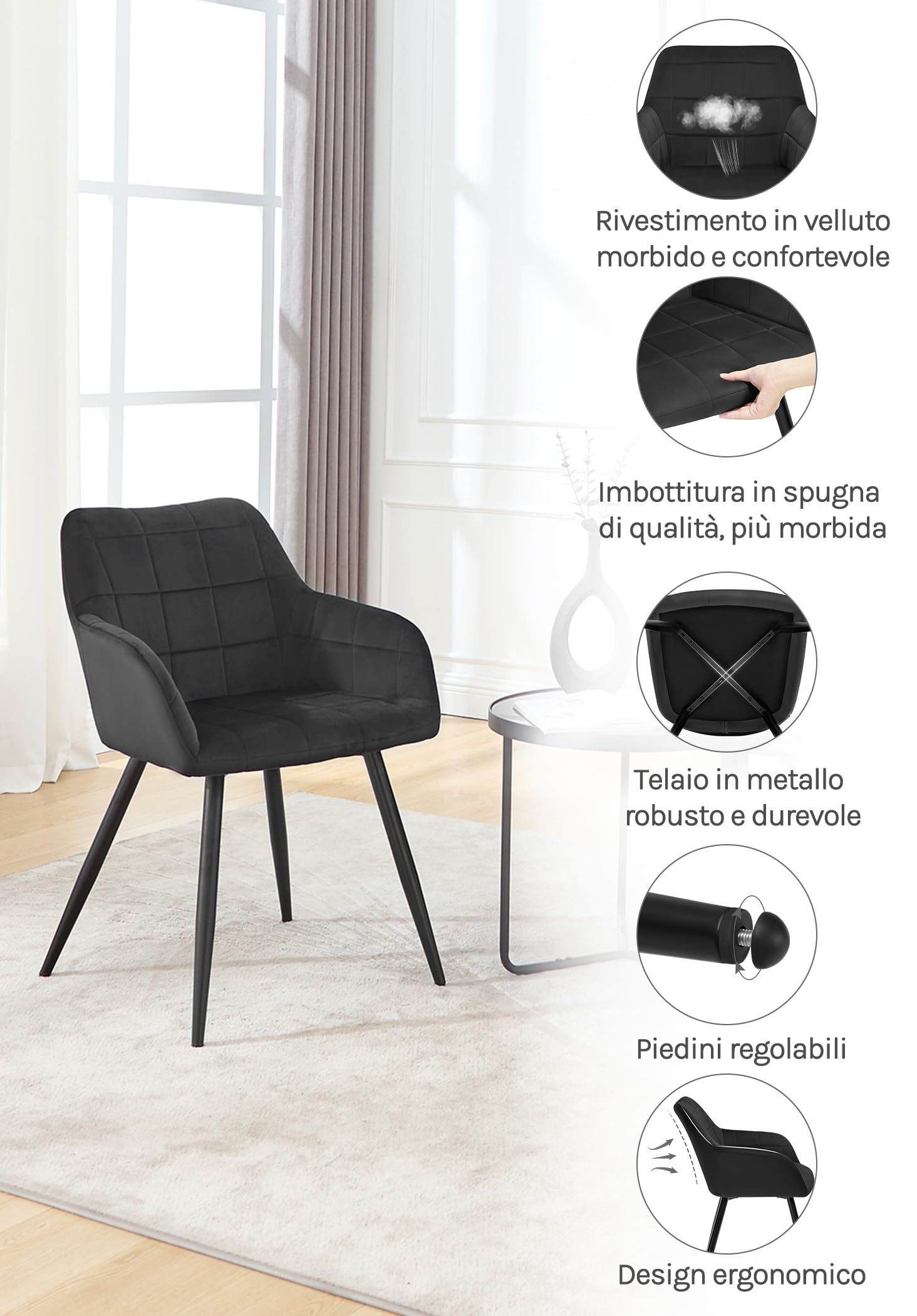 WOLTU Sedia per Sala da Pranzo Imbottita, Poltroncina in Velluto,Sedia da Cucina con Braccioli e Schienale, Gambe in Metallo, moderne,Nero,