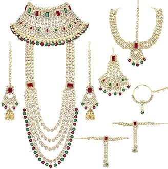 Ethnic Indian Traditional Bollywood Fashion Kundan Bridal Jewelry Set with Choker Earrings Maang Tikka Hathphool for Women