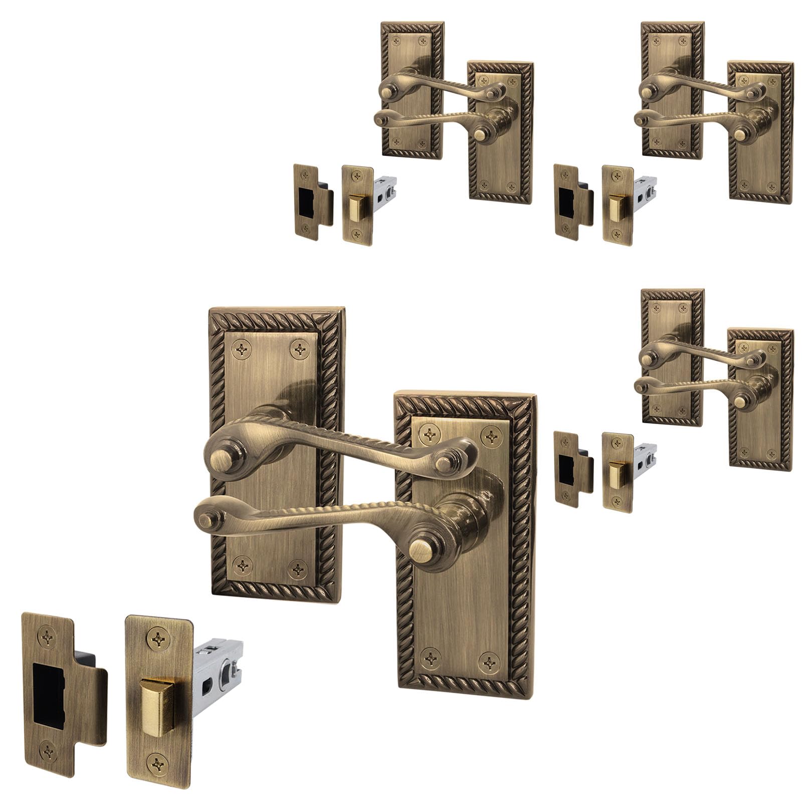 EAI Antique Brass Door Handles with Latch 64mm, 4 Pack - Rope Scroll