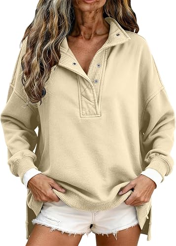 Super Soft Sweat Shirts for Womens Solid Snap Placket Oversi