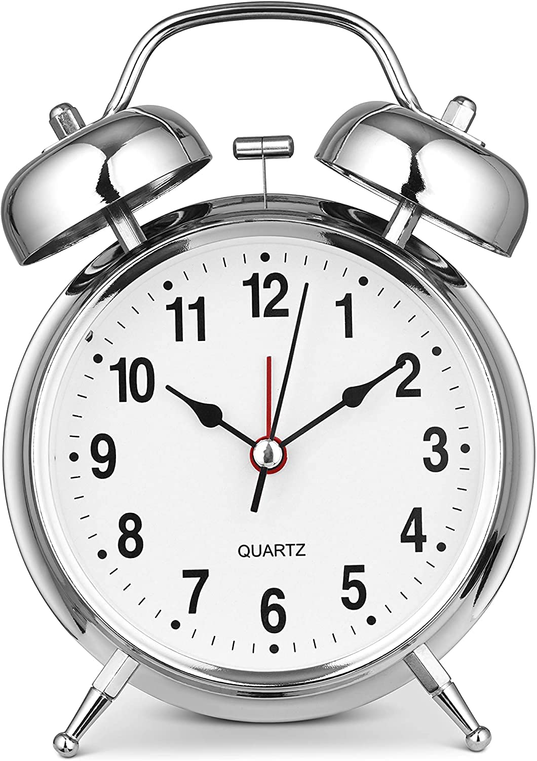 Entraxa Products Analog Twin Bell Extra Loud Quartz Battery Operated with Backlight, Silent Non-Ticking for Bedside Desk Old School Metal Alarm Clock (Silver) 1