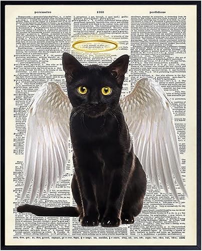 Decoración de pared de gato negro  Impresión artística de ángel  Decoración de pared de diccionario de 8 x 10  Póster de decoración para el hogar