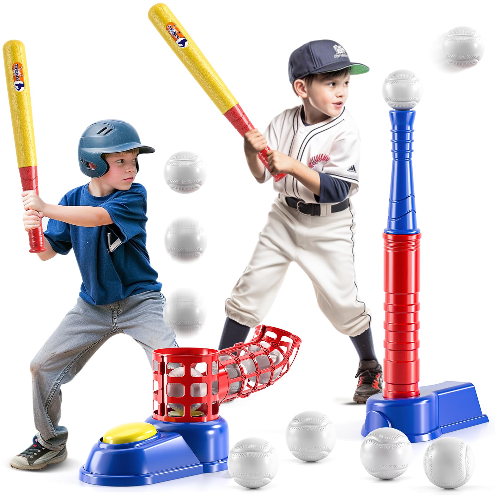 NIPLOOOW 2 in 1 T Ball Sets for Kids 3-5,Tee Ball Set with 10 Balls,Step on Pitching Machine,Teeball Batting Tee,Baseball Toys Outdoor/Indoor Sport