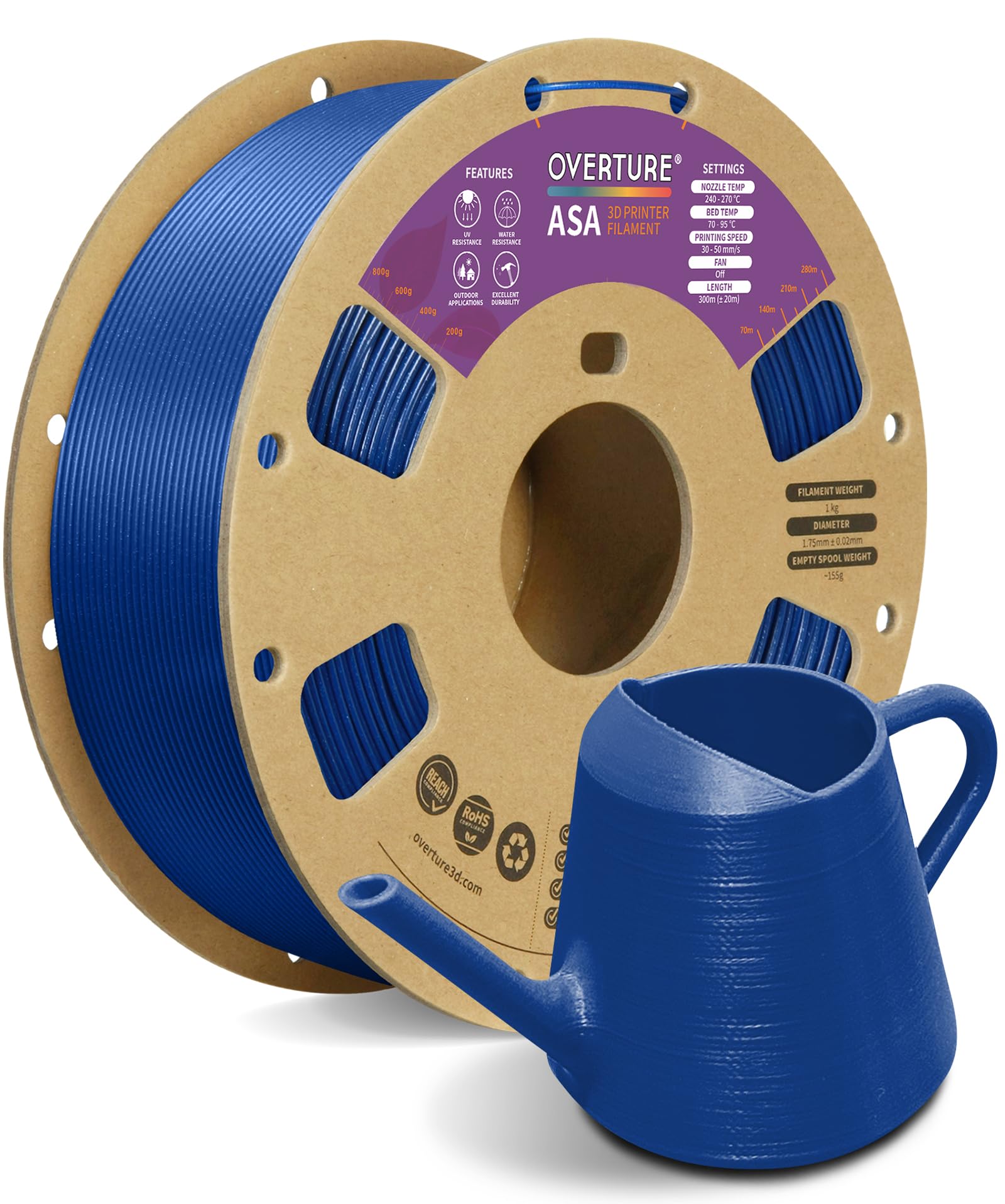 OVERTURE ASA Filamento Premium da 1.75mm, 1kg Bobina(2.2lbs), Precisione Dimensionale +/- 0.03 mm, per Stampante 3D (Diamond Blu)