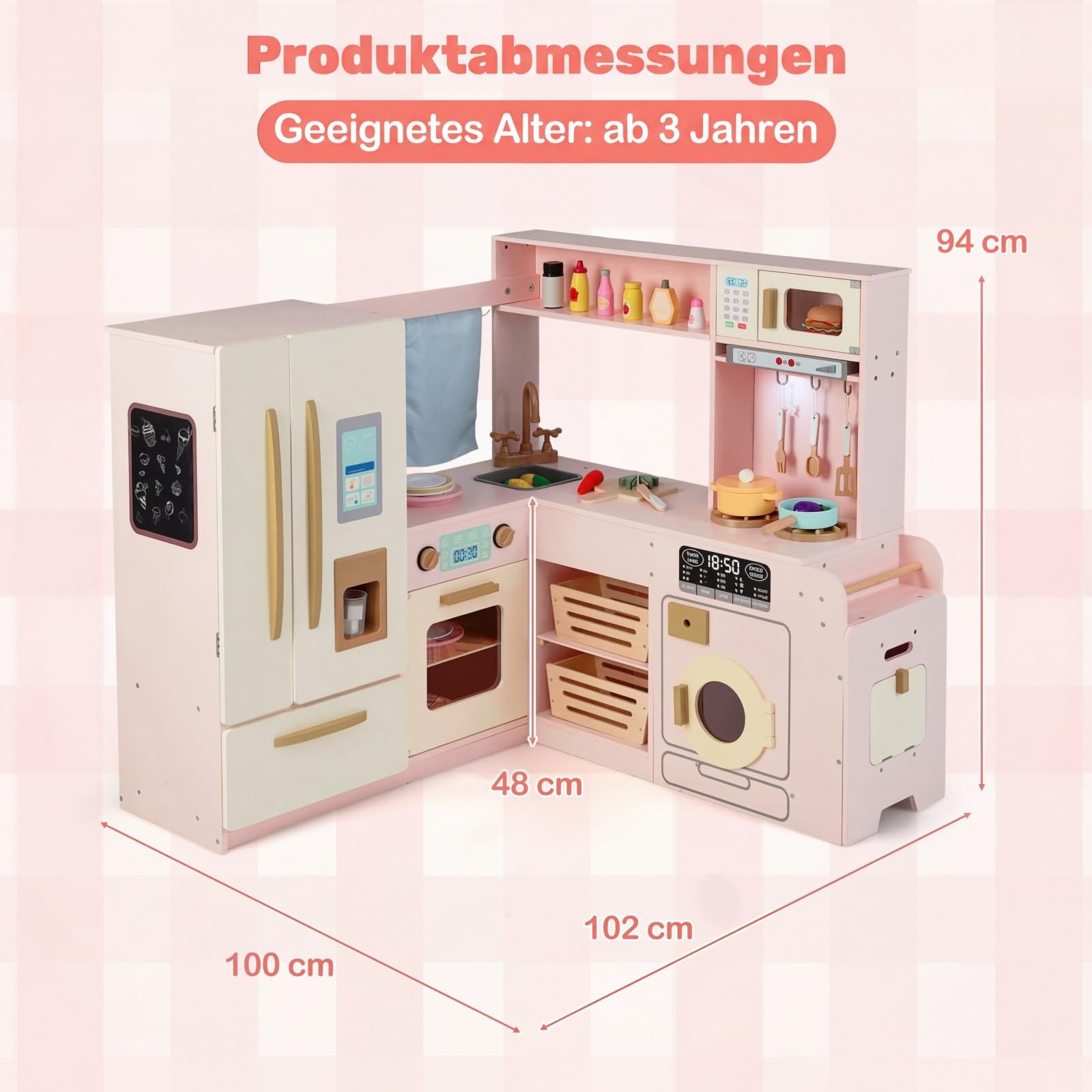 COSTWAY Kinderküche mit Licht und Sound, Eck-Spielküche Holz mit Mülleimer, Doppeltür-Kühlschrank, Spüle, Waschmaschine, Mikrowelle & 22 Zubehörteilen, Holzküche für Kinder ab 3 Jahren (Rosa)