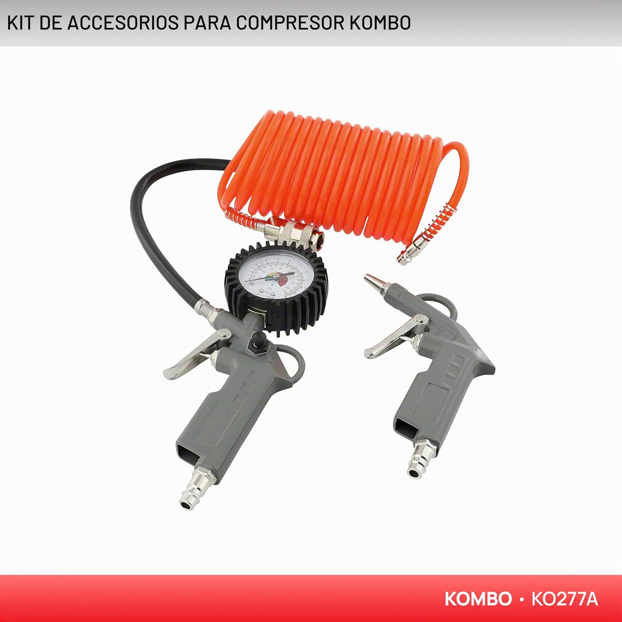 KOMBO – Kit de Accesorios para Compresor con 2 Pistolas de Aire (Soplado + Inflado con Manómetro) y Manguera Espiral 5 m – Universal, Compatible con Compresores de Aire