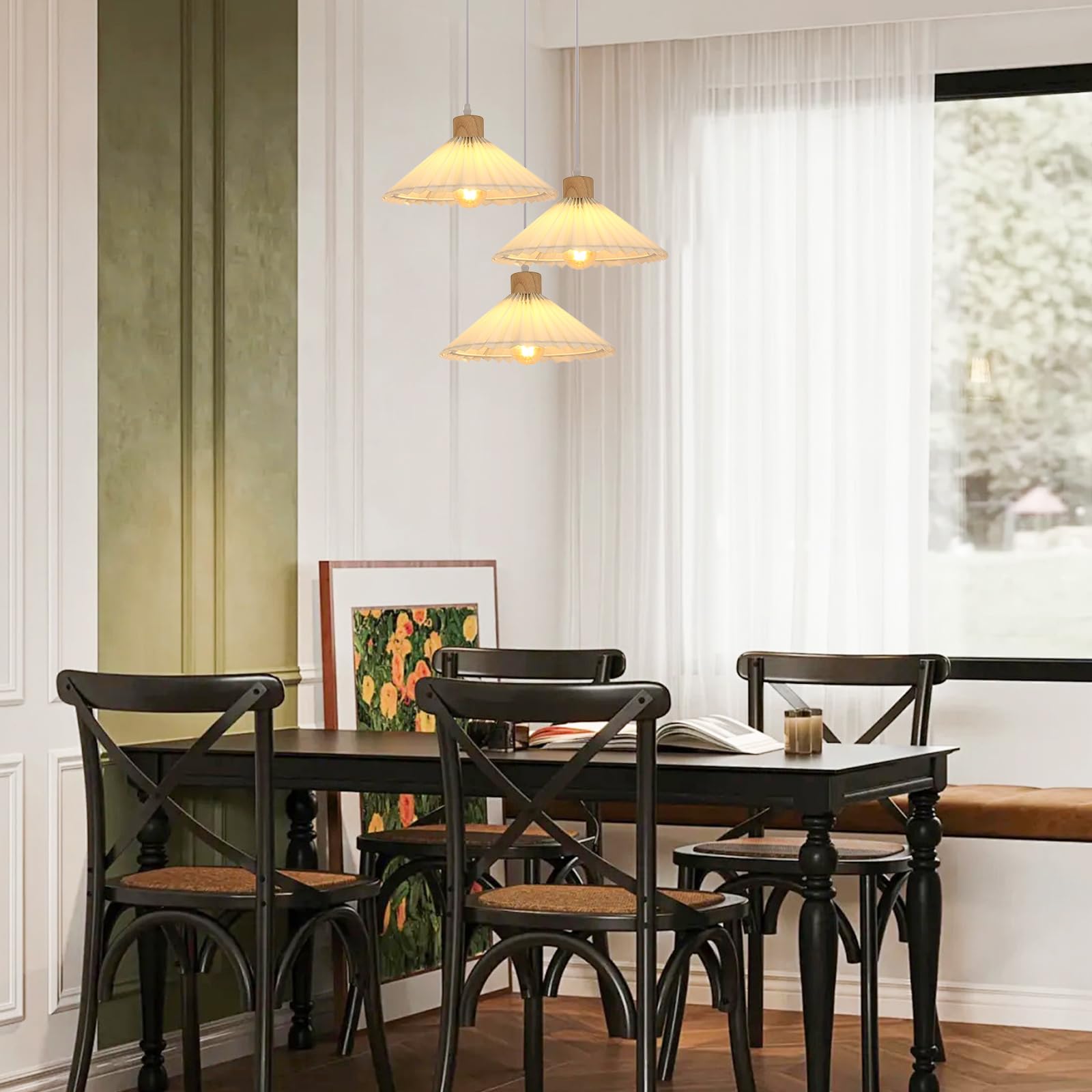 Goeco Lampada a Sospensione 3 Luci, Vintage Lampadario in Legno, Lampada a Sospensione con Paralume in Tessuto per Cucina, Soggiorno e Tavolo da Pranzo
